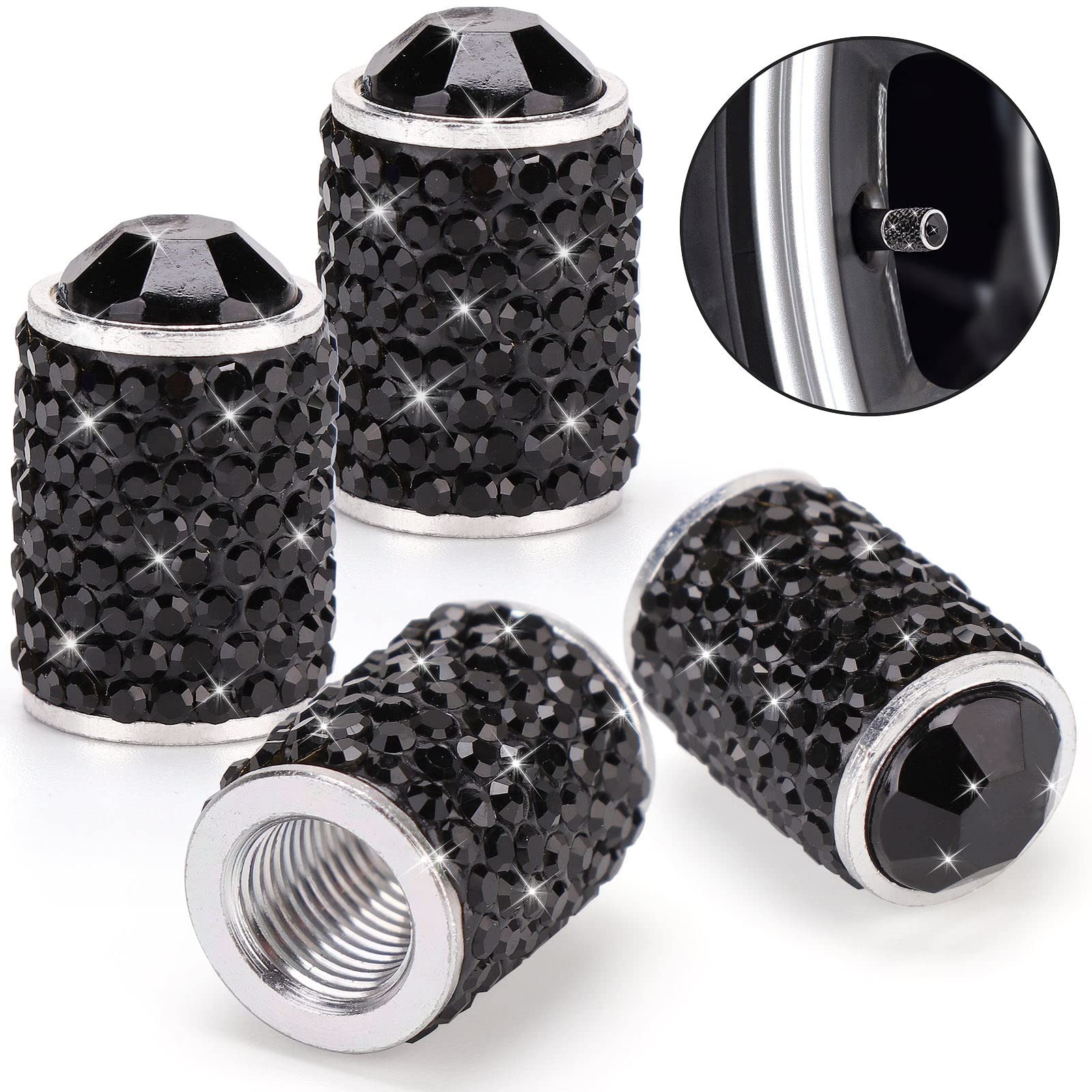 Bling Tire Valve Covers Black, 4 Pack Rhinestone Car Caps for Car/SUV/Motorcycle - Dustproof Accessories