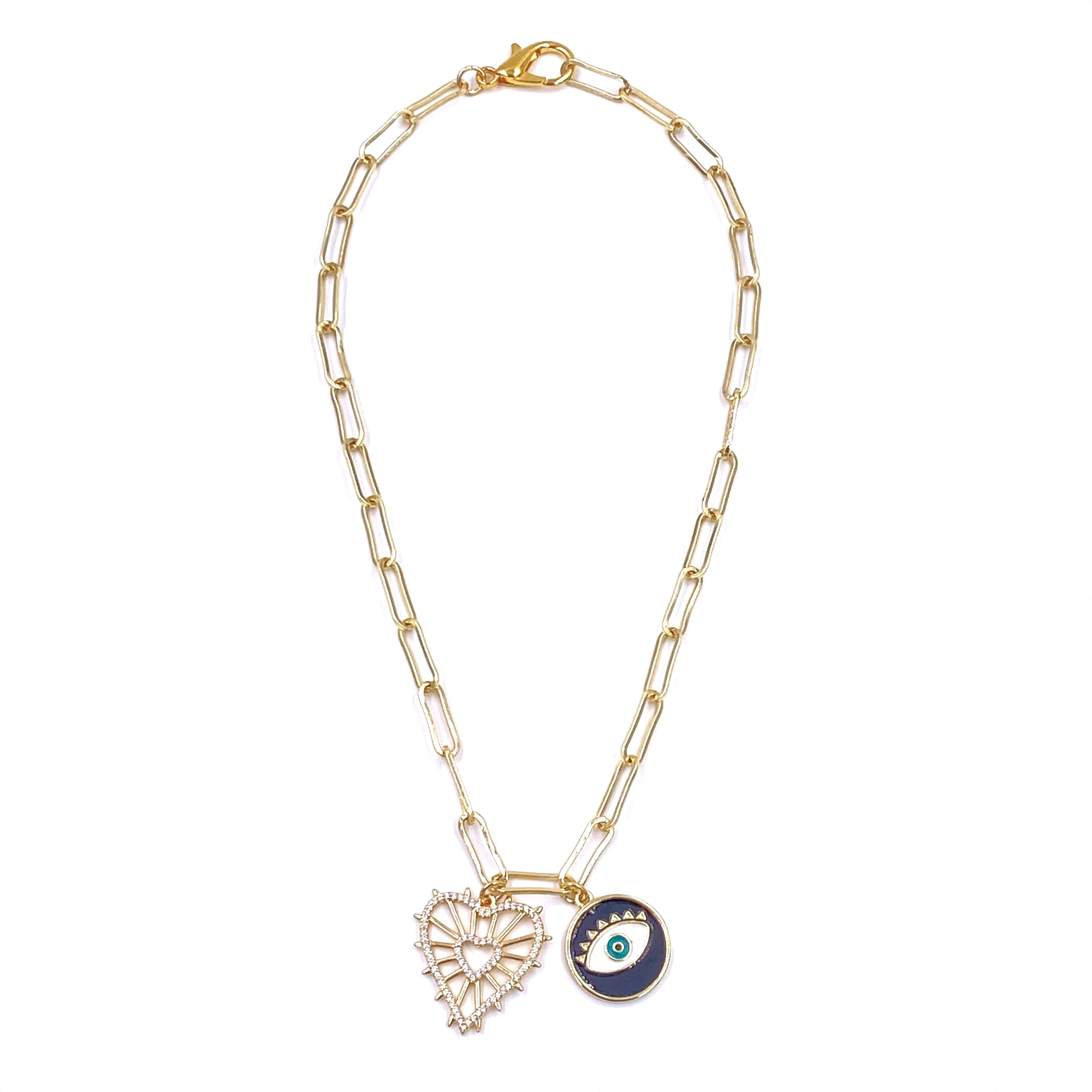 Ashley Gold Stainless Steel Gold Plated CZ Heart & Evil Eye Double Charm Necklace for Women - Perfect for Valentine's Day Gifts, Birthday Presents & Everyday Jewelry
