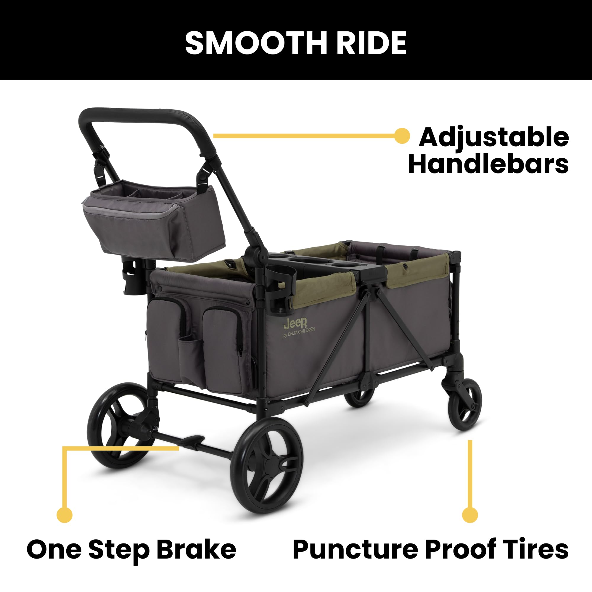 Delta Children Jeep Sport All-Terrain Stroller Wagon with Canopy, Parent Organizer & Adjustable Handlebar - Grey/Olive Green | Perfect for Outdoor Adventures, Beach Trips & Family Outings