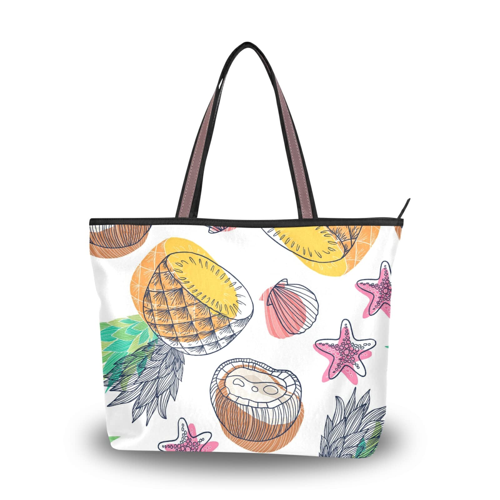 Stylish Summer Tropical Leaves Pineapple Tote Bag for Women - Reusable Zippered Shoulder Handbag, Perfect for Beach, Travel & Shopping | Eco-Friendly Fashion Accessory