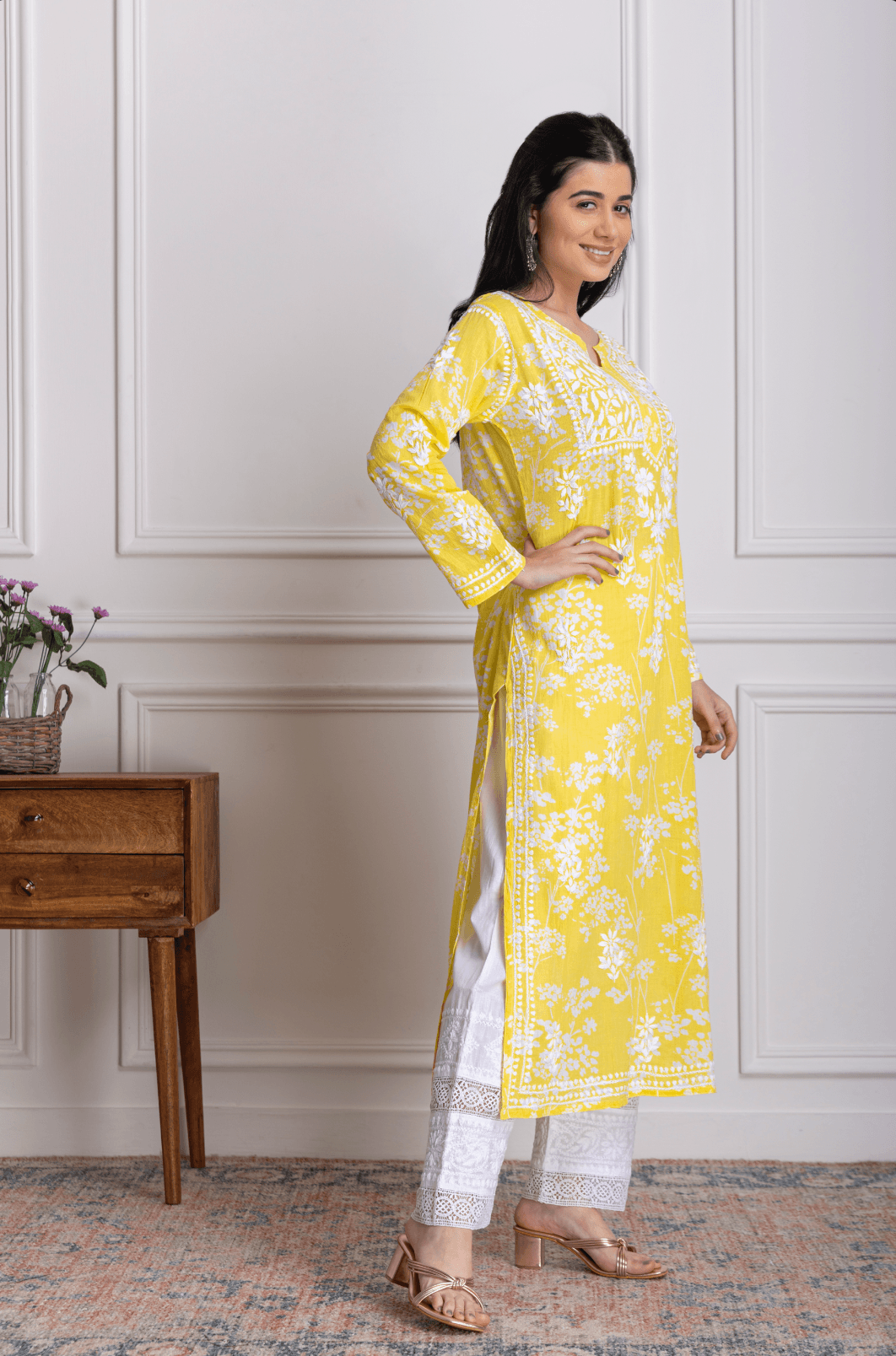 Fizaa Mul Printed Hand Embroidery Chikankari Kurta for Women - Yellow Ethnic Embroidered Tunic Top - Perfect for Festivals, Weddings & Casual Wear