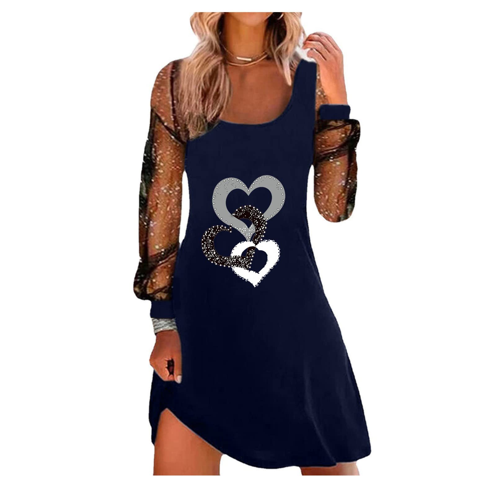 Women's Spring Midi Dress with Polka Dot Floral Print - Long Sleeve Crewneck Fishtail Ruffle Hem Mini Dress in Navy | Perfect for Casual Outings, Date Nights & Spring Weddings