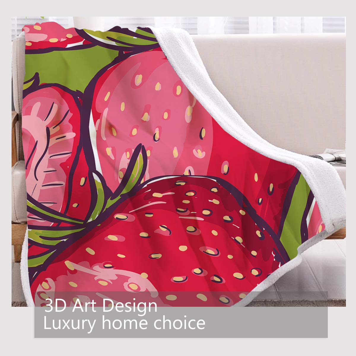 BlessLiving 3D Strawberry Sherpa Plush Fleece Blanket - Soft Red Throw with Realistic Strawberry Close-Up Pattern for Couch, Sofa, Bed & Office (50
