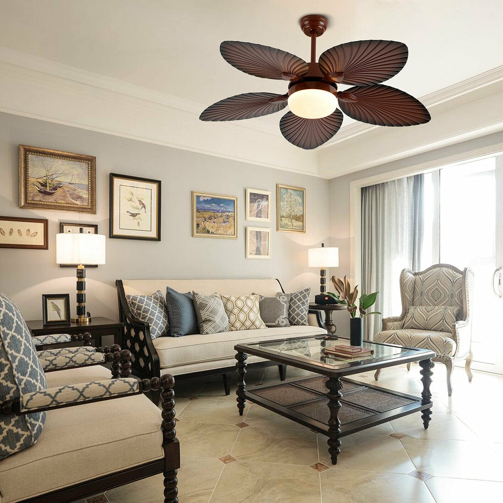 OUKANING 52-inch Tropical Ceiling Fan with LED Light and Remote Control - Indoor/Outdoor 5-Blade Palm Design for Living Room, Bedroom, Dining Room, Restaurant, Bar, Cafe - Perfect for Coastal Decor and Breezy Comfort