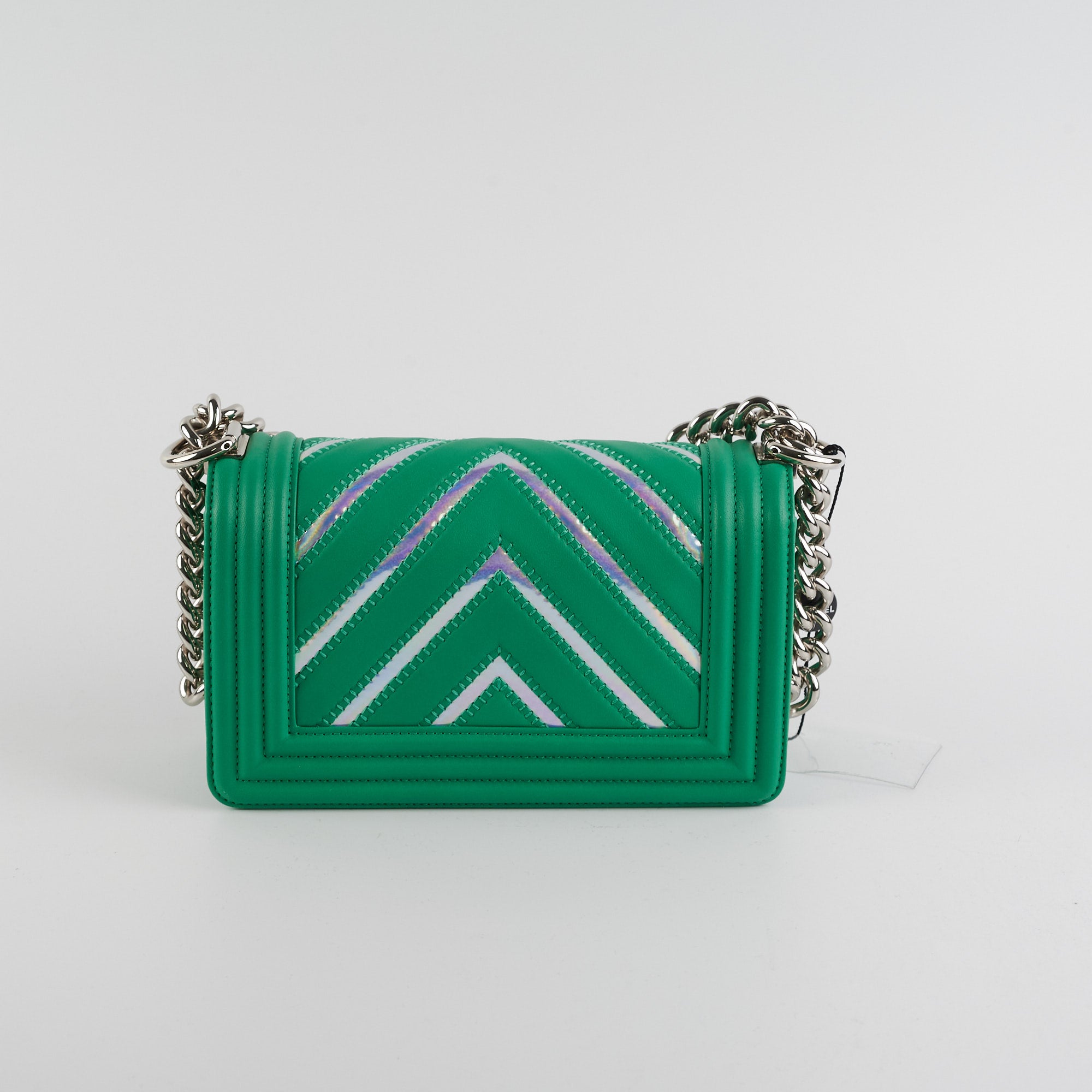 Chanel Chevron Boy Small Green Leather Bag with Holographic PVC - Luxury Crossbody Purse for Women, Perfect for Parties, Date Night & Special Occasions