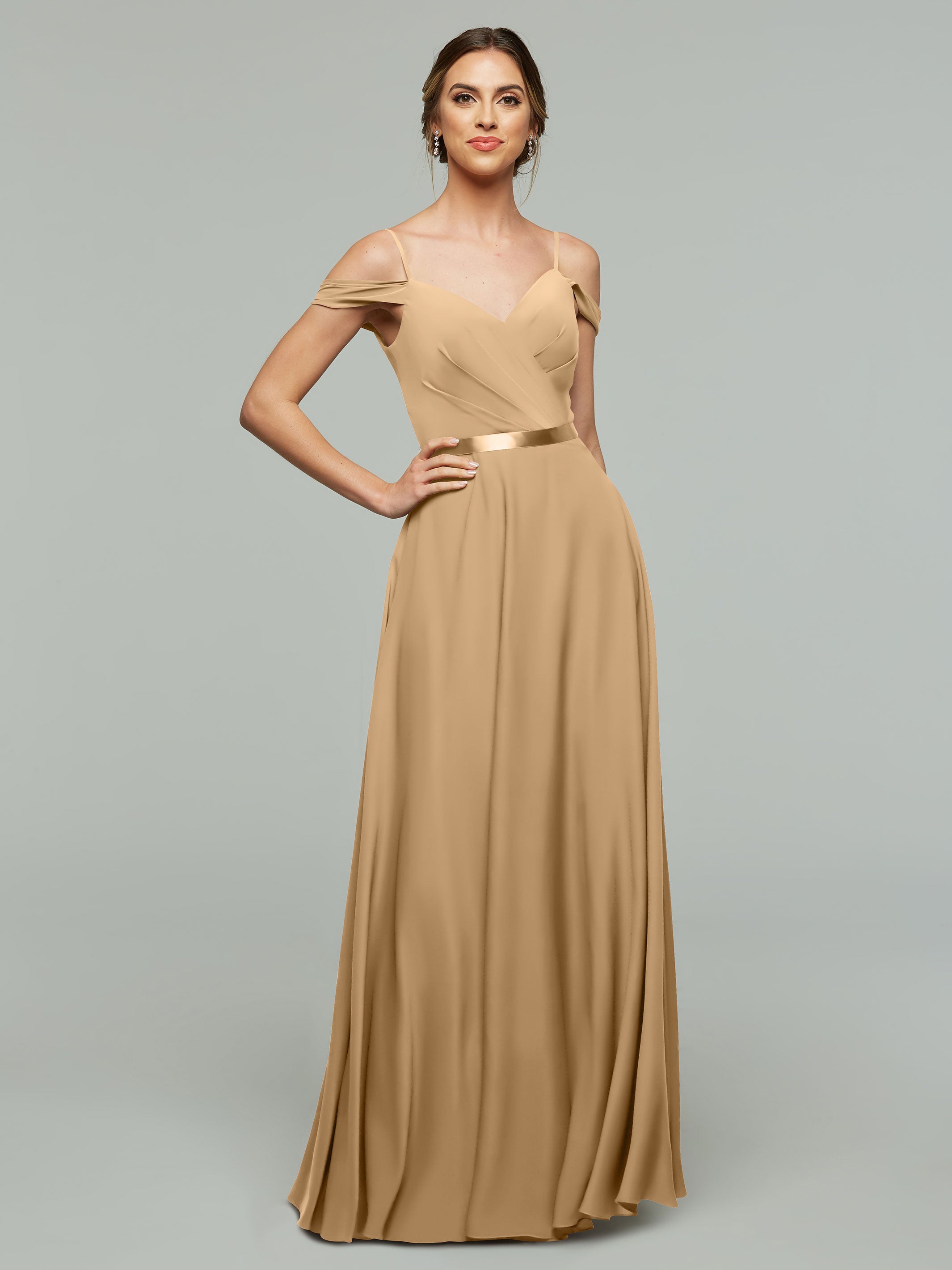 Elegant 80106 Off-The-Shoulder Stretch Chiffon A-Line Bridesmaid Dress with Sash - Perfect for Weddings, Formal Events & Special Occasions