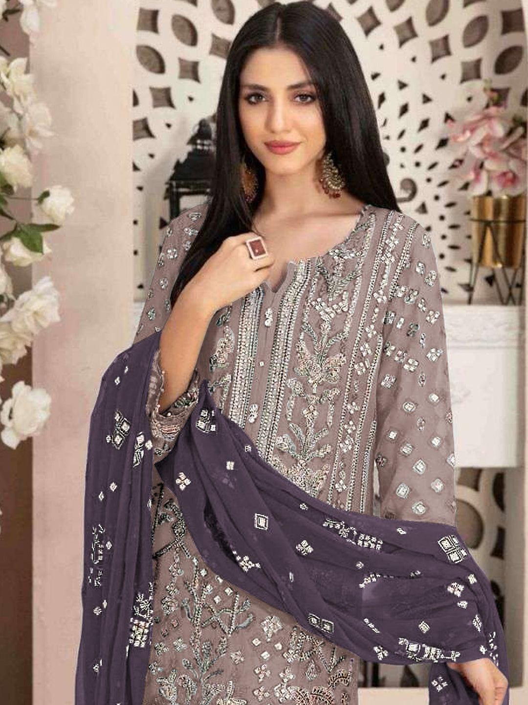 Elegant Beige Designer Semi-Stitched Pant Suit with Embroidery Work - Perfect for Weddings, Parties & Formal Occasions