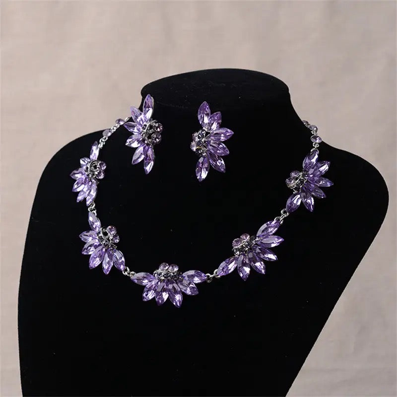 Elegant Purple Bridal Jewelry Set for Women - Fashion Flower Statement Necklace & Earring Set with Swarovski Crystals | Perfect for Weddings, Parties & Special Occasions