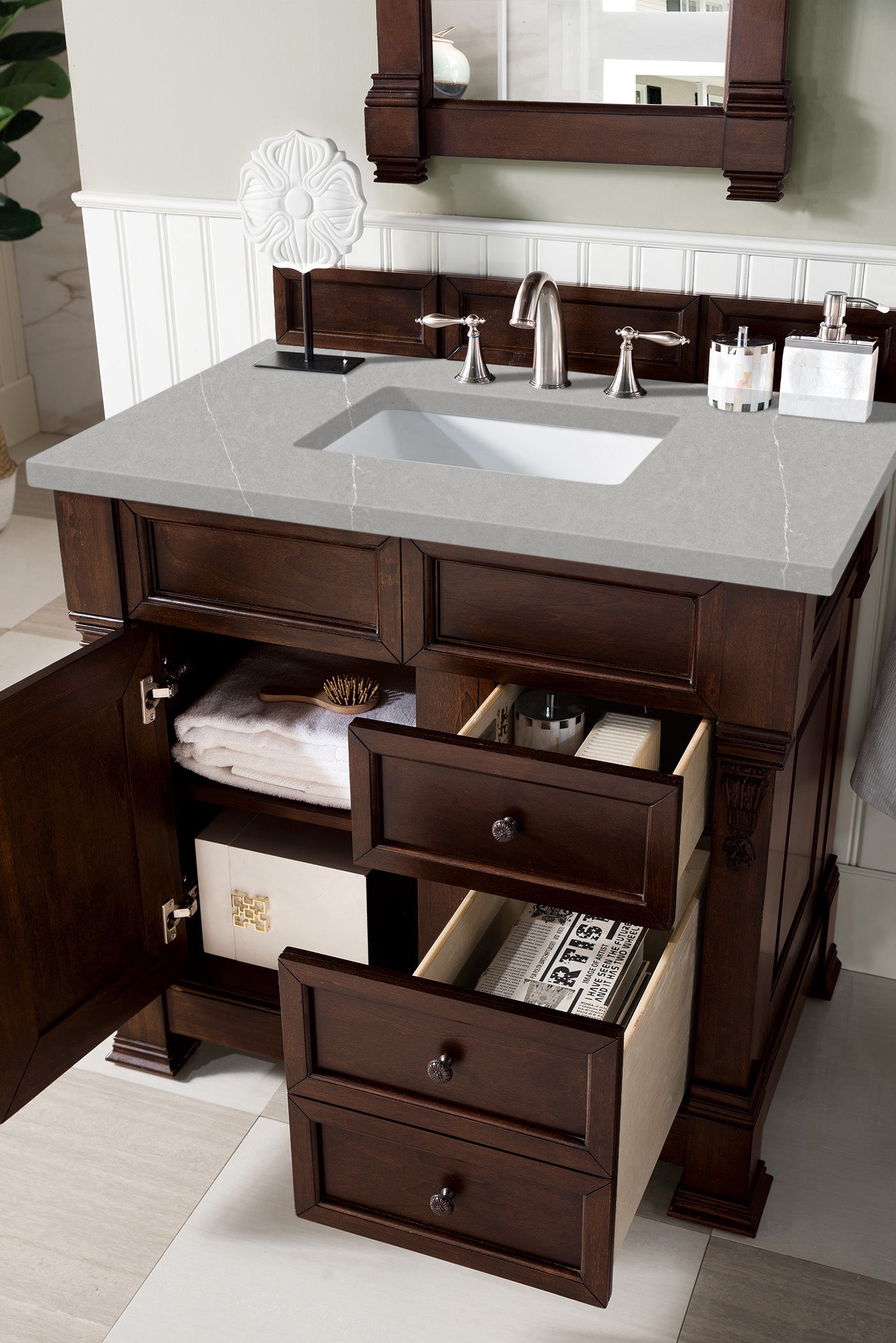 Brookfield 36 Inch Single Bathroom Vanity with Burnished Mahogany Base & 3CM Eternal Serena Quartz Countertop - Perfect for Modern Master Bathrooms and Guest Bathroom Renovations