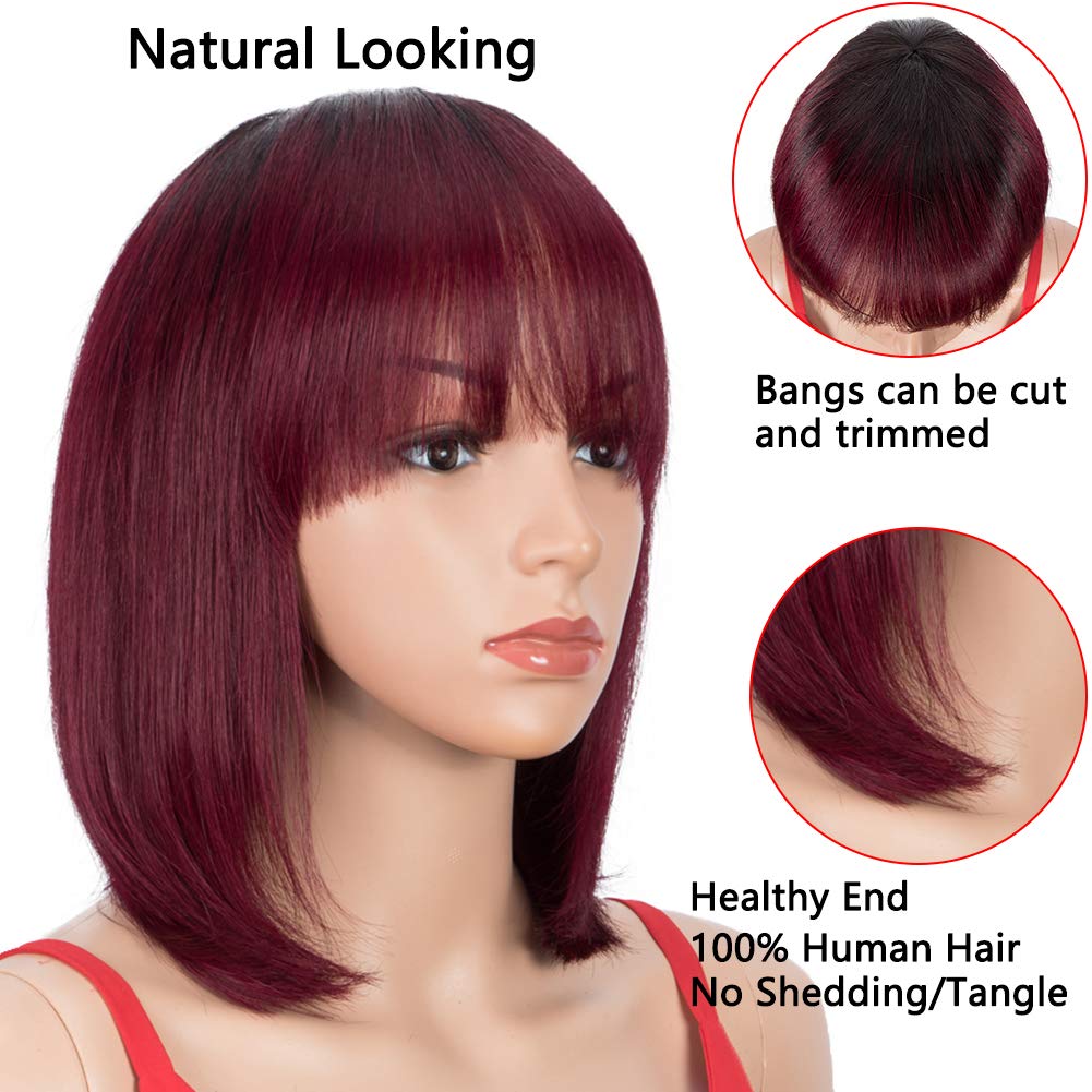 10 Inch Straight Bob Wig with Bangs - 180% Density Human Hair Wig | Brazilian Straight Short Bob Wig for Black Women | Ombre Red (TT1B/99J Color) | No Lace Front | Perfect for Daily Wear, Parties & Cosplay
