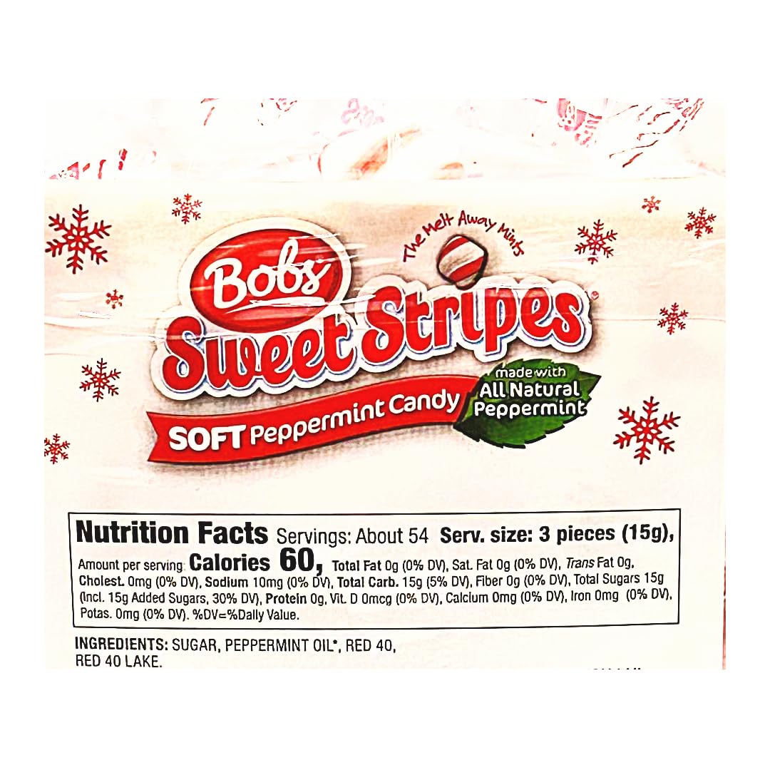 BobsSweet Stripes Soft Peppermint Candy - 1.8 Pound Individually Wrapped Mint Candies | Christmas Holiday Treats, Office Snacks & Party Favors