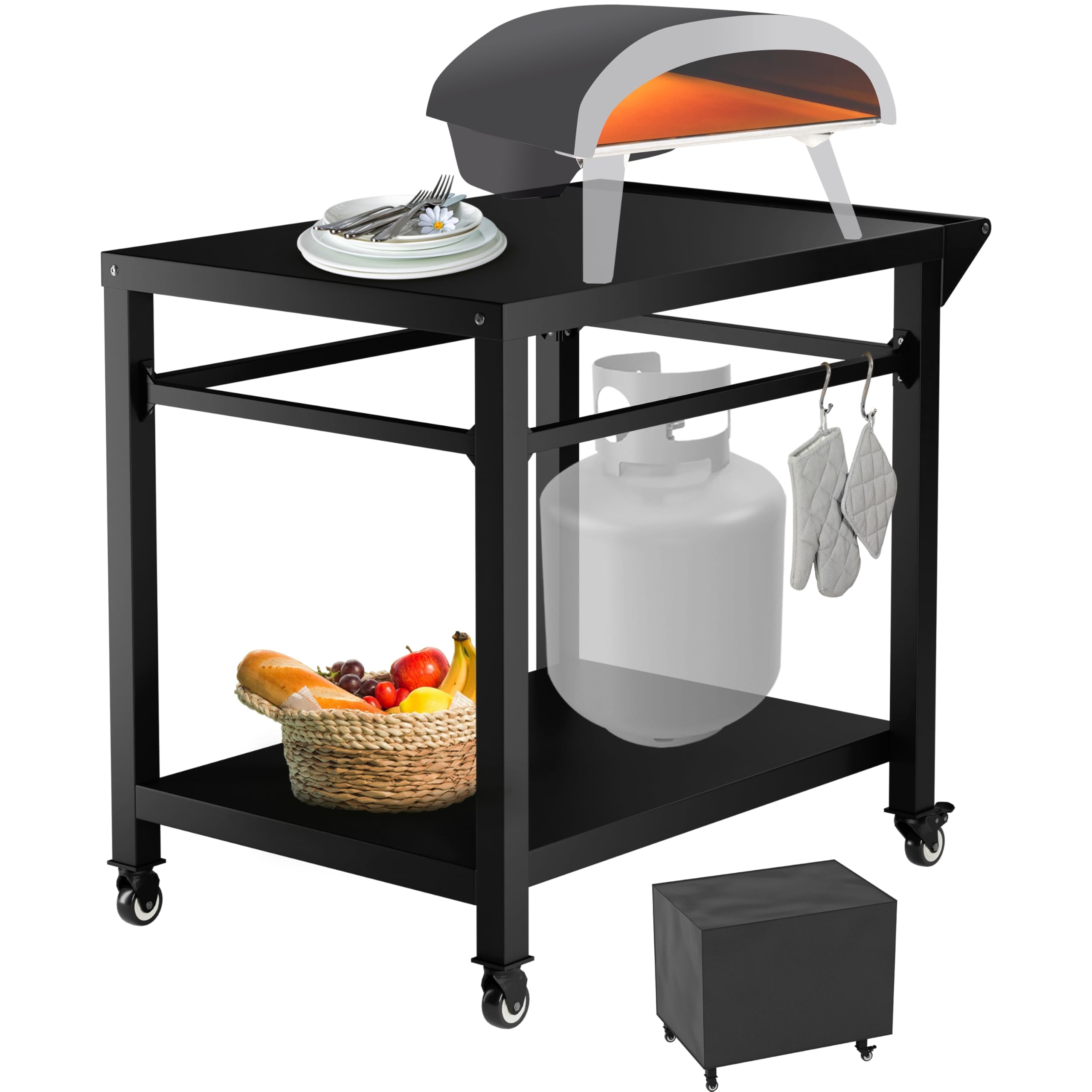 Outdoor Pizza Oven Table Cart for Ooni Koda Karu Fyra 16 & 12 - Waterproof Cover Included - Portable Food Prep Station for Patio, Backyard & Camping - Compatible with Ninja Blackstone Cuisinart Griddles - Perfect for Outdoor Cooking, BBQ Parties & Tailgating