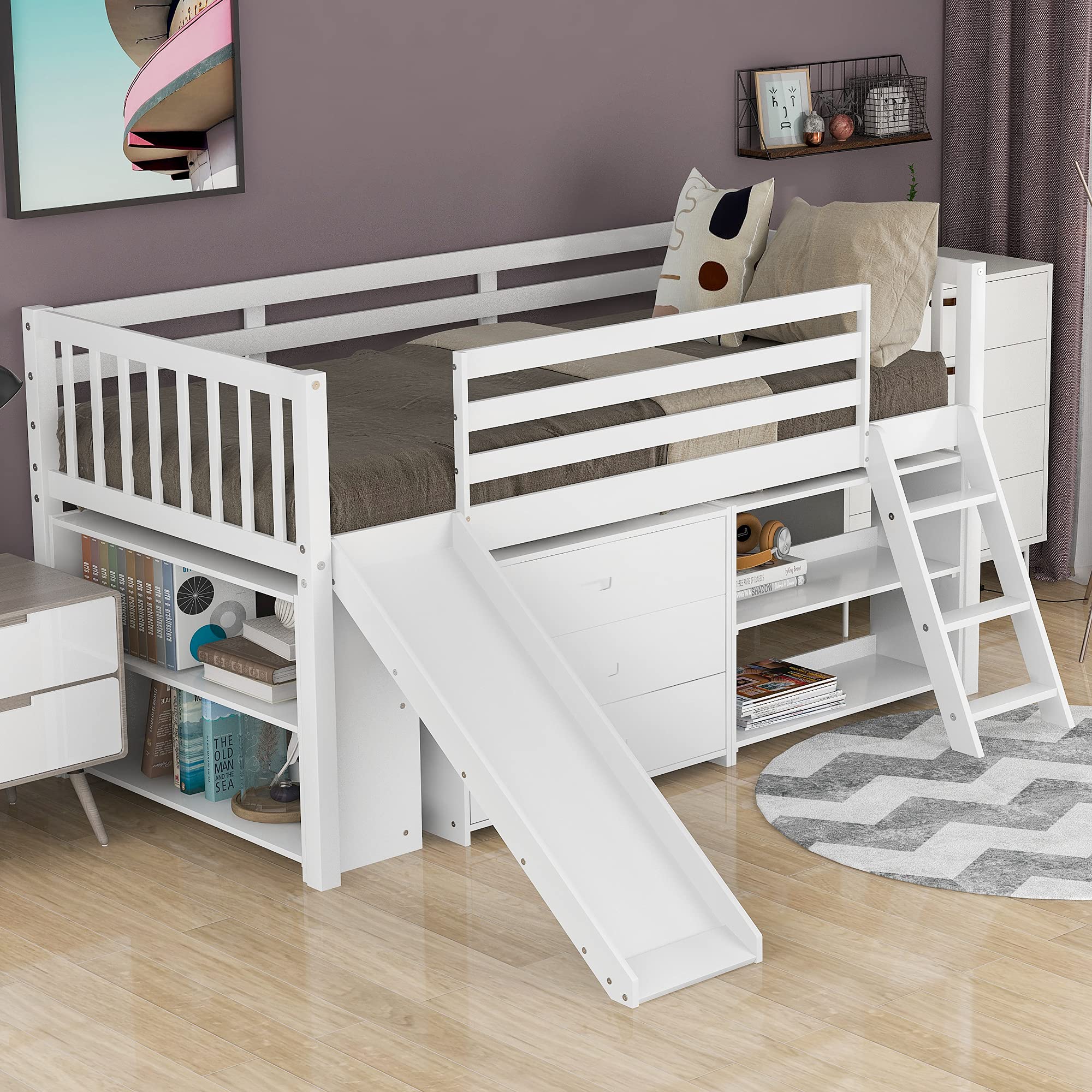 Merax Twin Loft Bed with Slide for Teens - Low Loft Bed with Drawers, Cabinet & Shelf - Sturdy Wooden Bunk Bed for Boys & Girls - Space-Saving Bed Frame for Small Bedrooms, Kids Rooms & Dorm Rooms - Perfect for Sleepovers & Playtime Fun