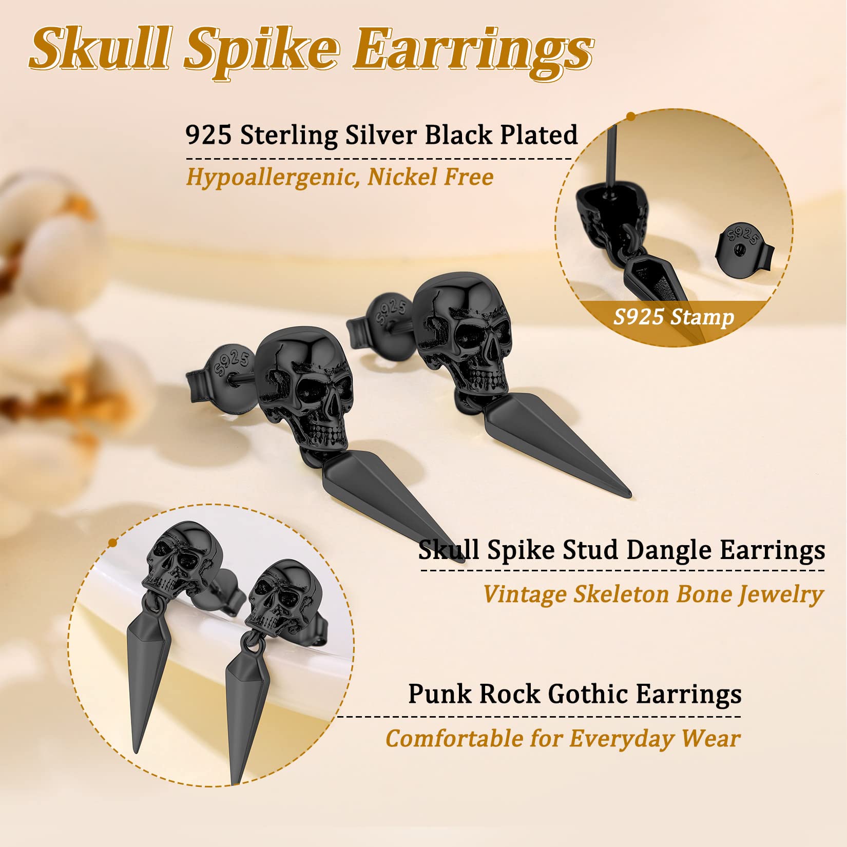 Suplight 925 Sterling Silver Black Skull Earrings - Gothic Punk Spike Dangle Earrings for Men & Women - Perfect for Halloween, Cosplay and Alternative Fashion