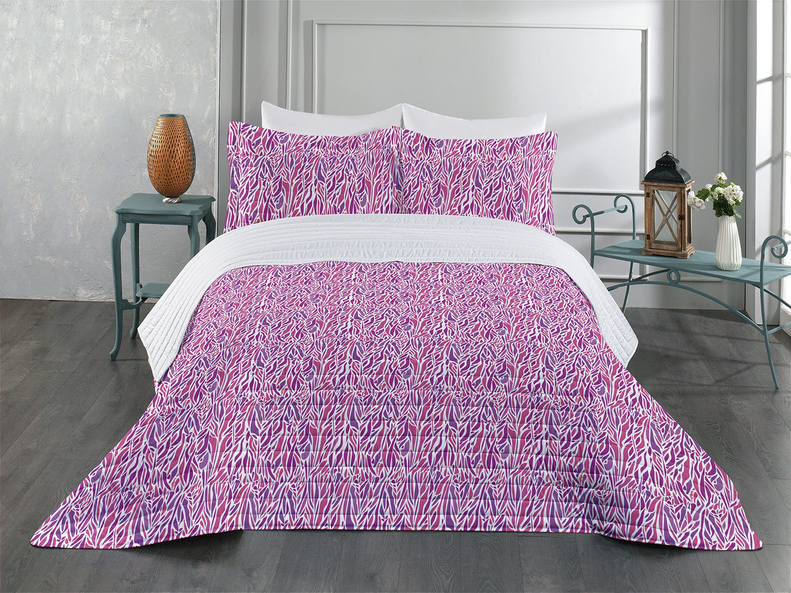 Ambesonne Modern Microfiber Bedspread Set - King Size Fuchsia Purple & White Abstract Pattern with Curved Spots & Drop Shapes | Soft Comforter & Pillow Shams | Perfect for Master Bedroom, Guest Room & Dorm Decor