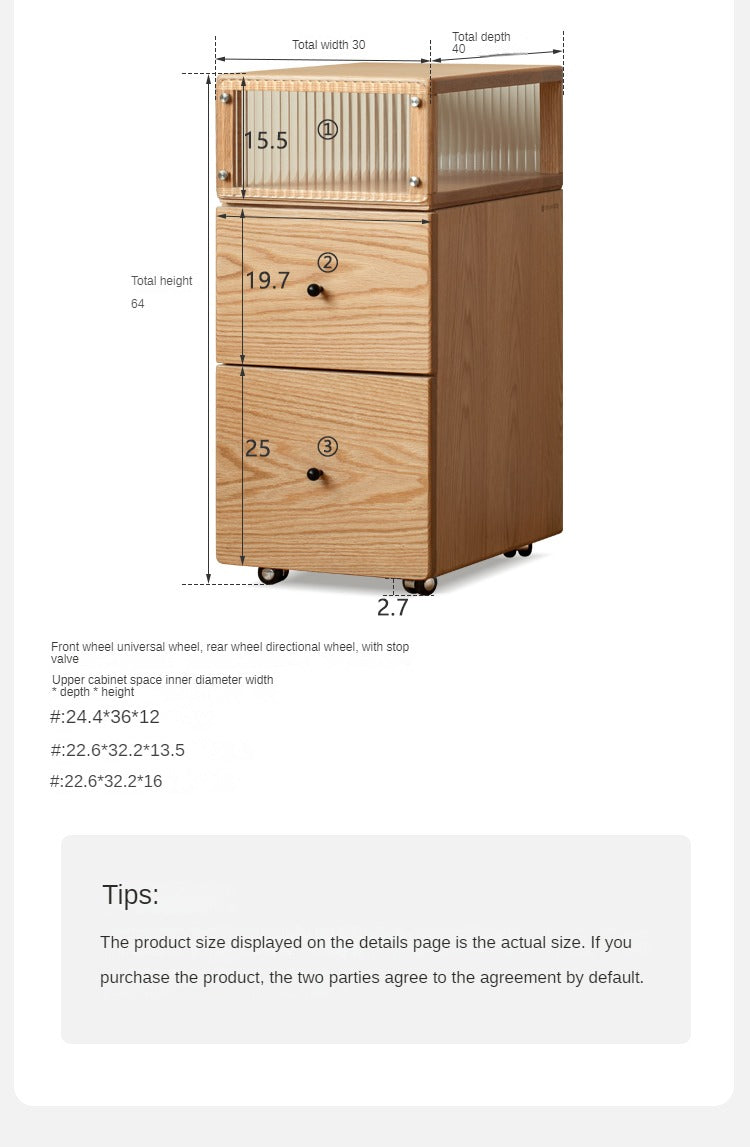Solid Oak Wood Nightstand with Wheels and Built-in Light - Narrow Bedside Table for Small Spaces - Perfect for Bedrooms, Dorms, and Apartments