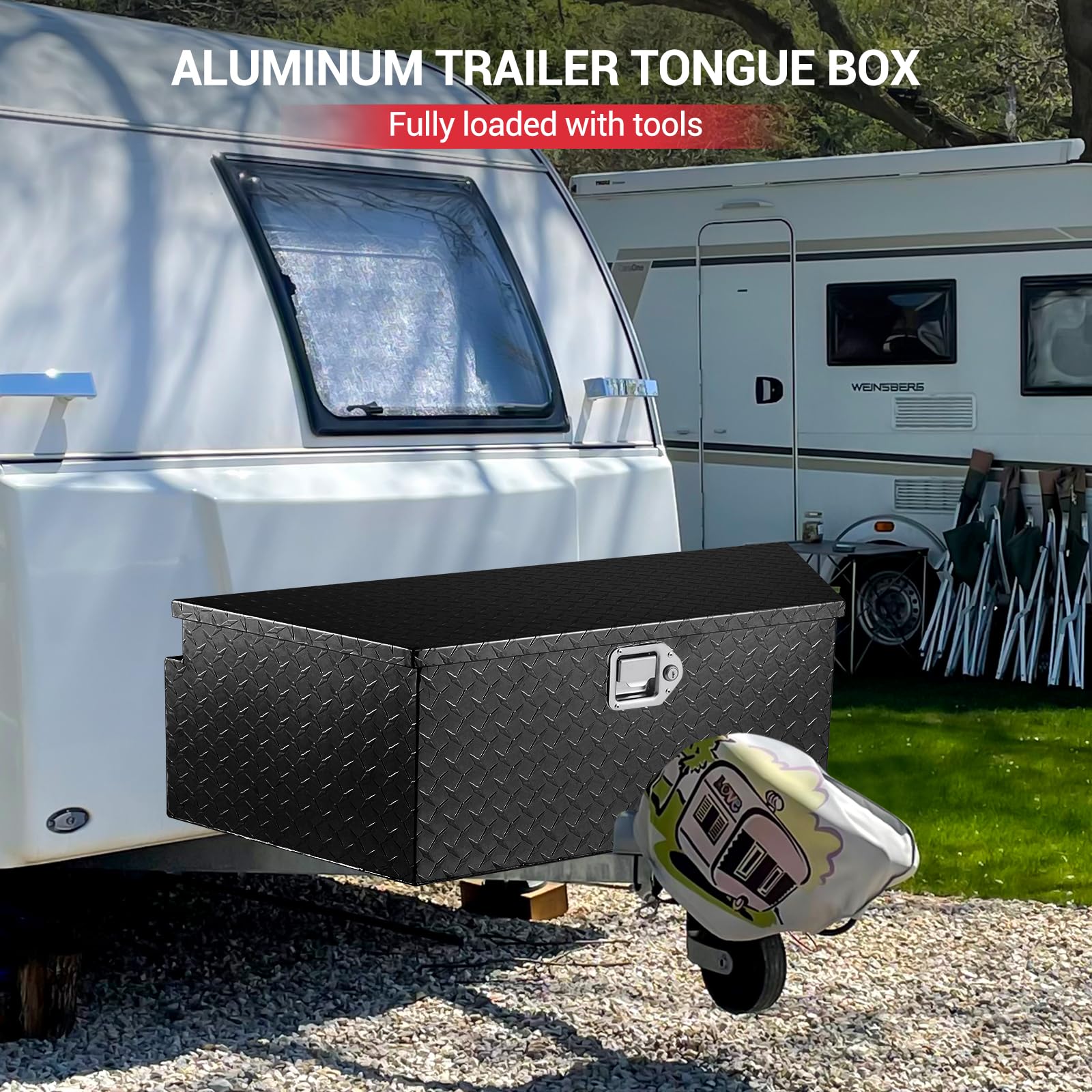 39-Inch Heavy Duty Aluminum Trailer Tongue Tool Box with Lock & Keys - Diamond Plate Waterproof Storage Box for Pickup Truck Bed, RV, Trailer - Secure Gear Storage for Camping, Road Trips & Work Sites (Black)