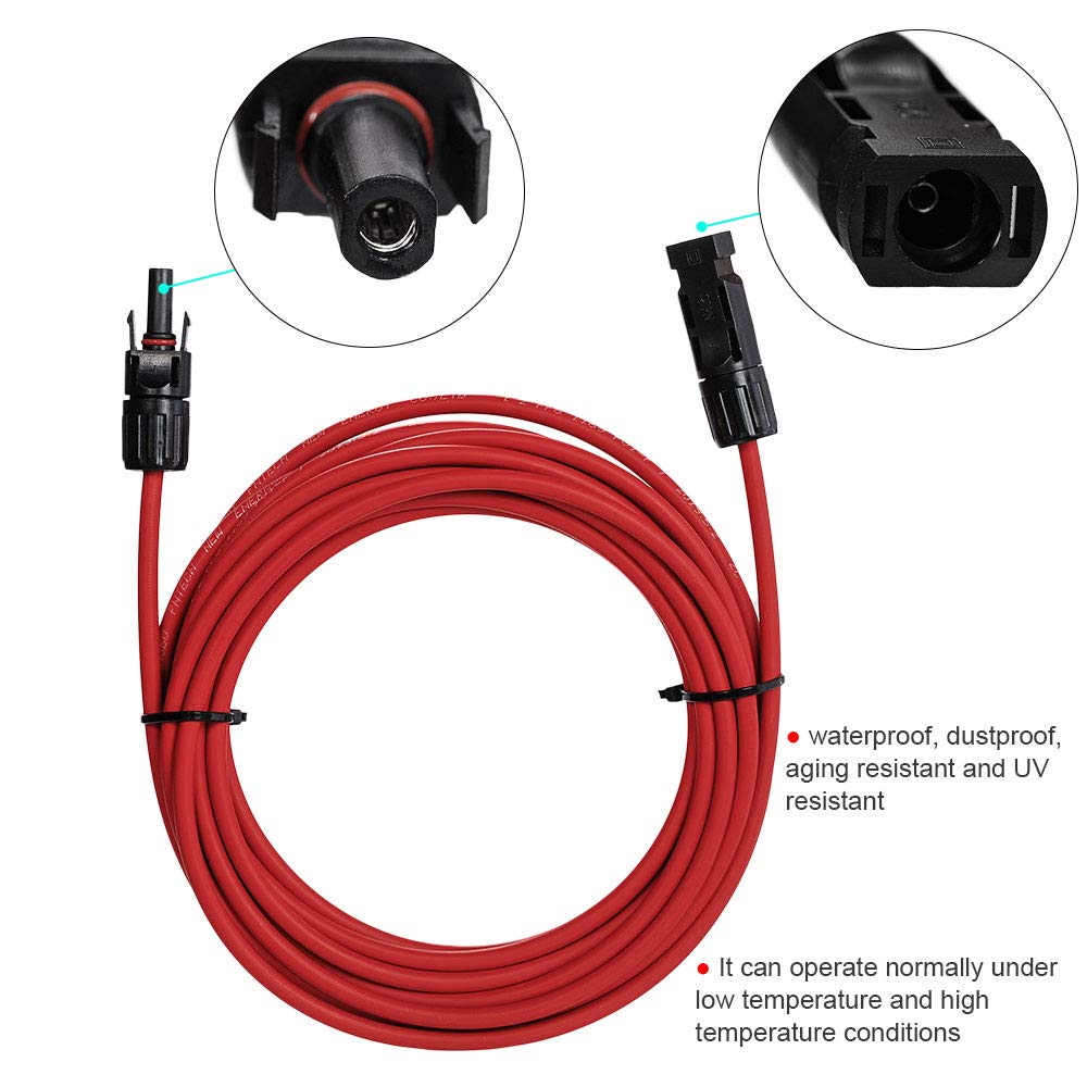 12AWG Solar Panel Extension Cable - 10ft Waterproof 12 Gauge (4mm²) Wire with MC4 Connectors for Solar Systems - Perfect for RV, Home & Off-Grid Solar Panel Installations (Red & Black)