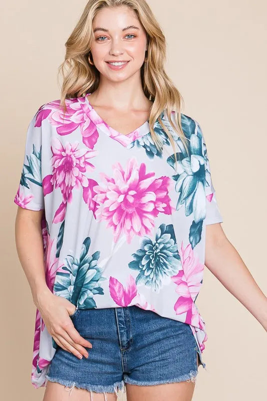 BOMBOM Floral Print V-Neck Short Sleeve T-Shirt for Women - Summer Casual Top, Beach Outfit, Date Night Shirt