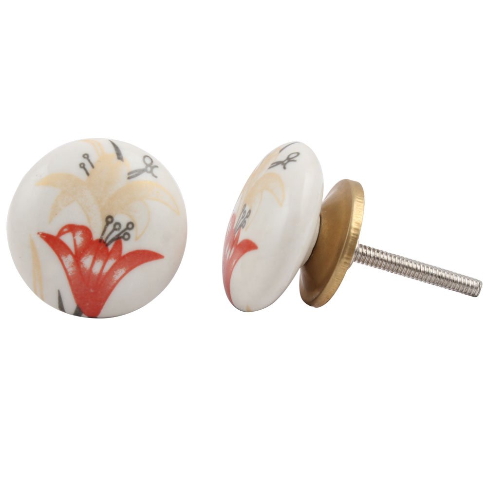 Premium 6-Piece Lily Flower Ceramic Drawer Knobs - Elegant Red Cabinet Hardware for Kitchen, Dresser & Home Decor | Vintage Style Cabinet Pulls for Bedroom Furniture & DIY Projects