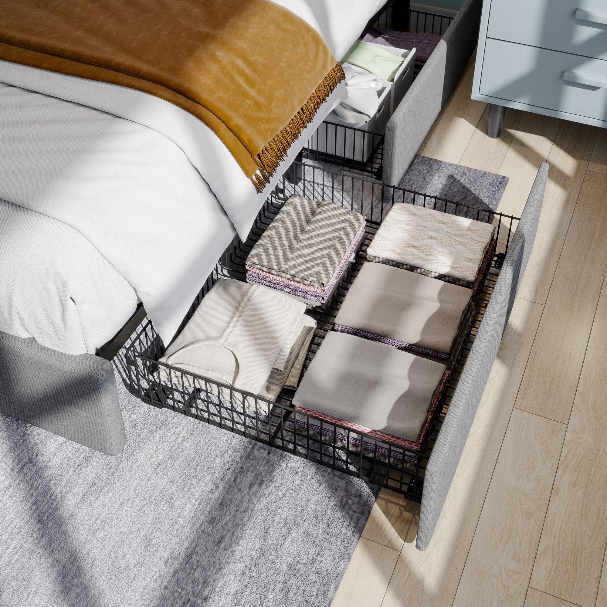 Full Size Platform Bed Frame with Storage Drawers & Adjustable Headboard - SHA CERLIN Upholstered Bed with Square Stitched Button Tufted Design, Wooden Slat Support, No Box Spring Needed in Light Grey - Perfect for Small Bedrooms, Guest Rooms & Space-Saving Storage Solutions