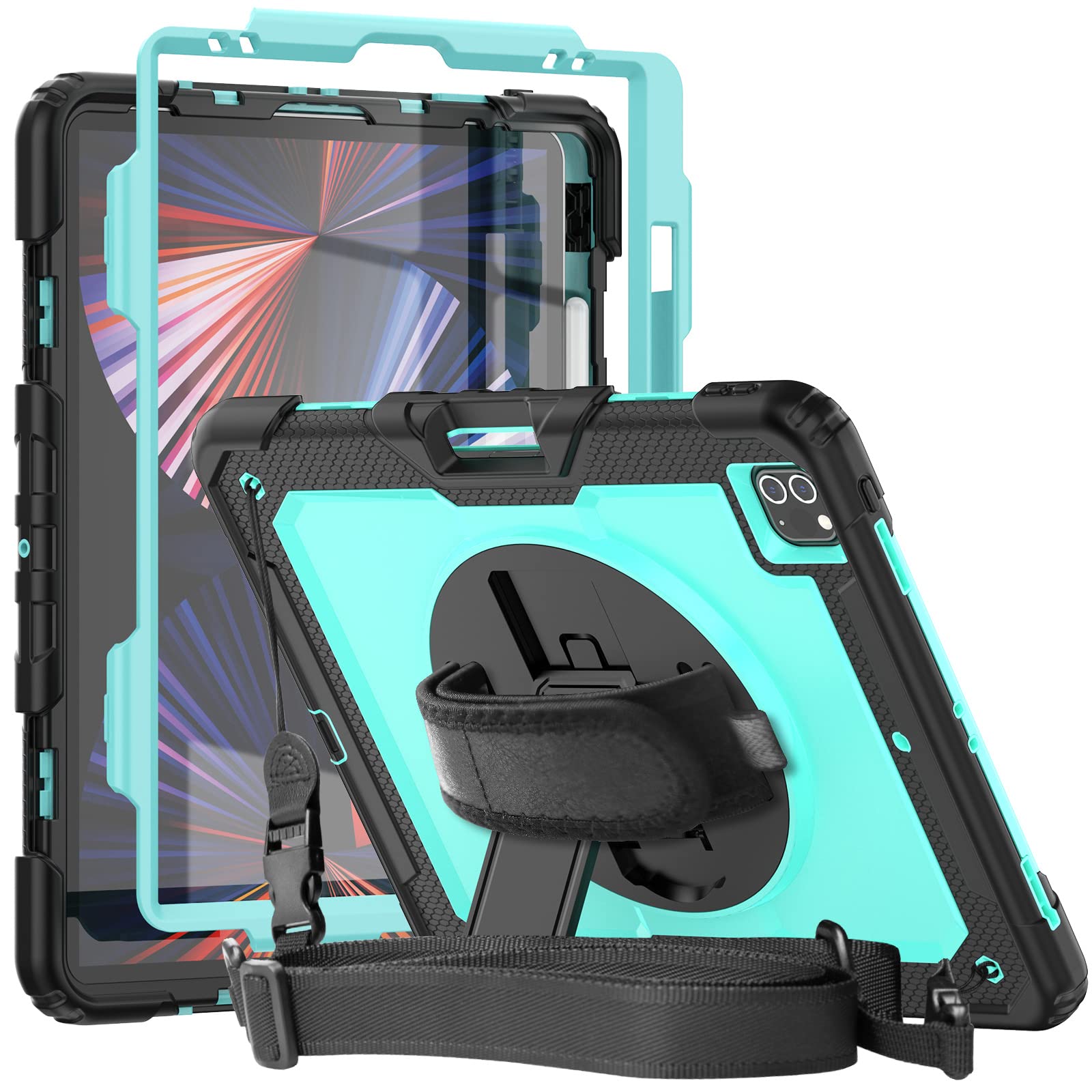 Premium iPad Pro 12.9 Case for 6th/5th/4th Gen - Heavy Duty 3-Layer Shockproof Protective Cover with Built-in Pencil Holder & Screen Protector | Shoulder Strap Included | Sky Blue | Perfect for Travel, Work & Outdoor Activities