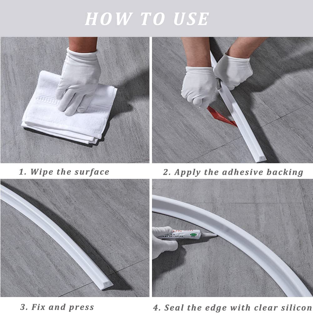Waterproof Self-Adhesive Shower Dam - 78 Inch White Bathroom & Kitchen Water Blocker, Bathtub Threshold Guard & Countertop Edge Trim - Perfect for Leak Prevention in Showers, Tubs, and Wet Areas