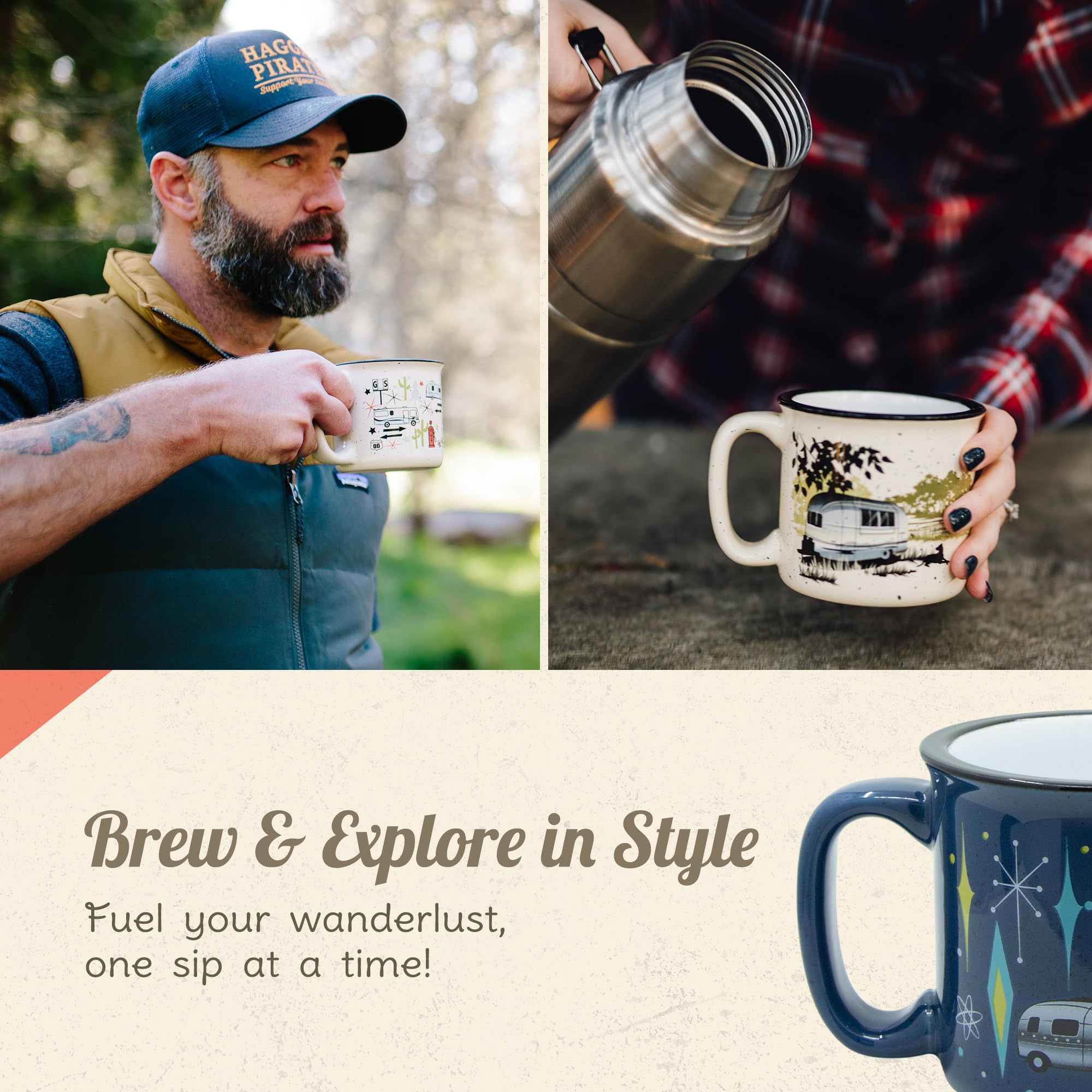 Retro Ceramic Camping Mug 15oz - Hot & Cold Drinks for Coffee, Tea, Soup - Microwave Safe for Outdoor & Home Use