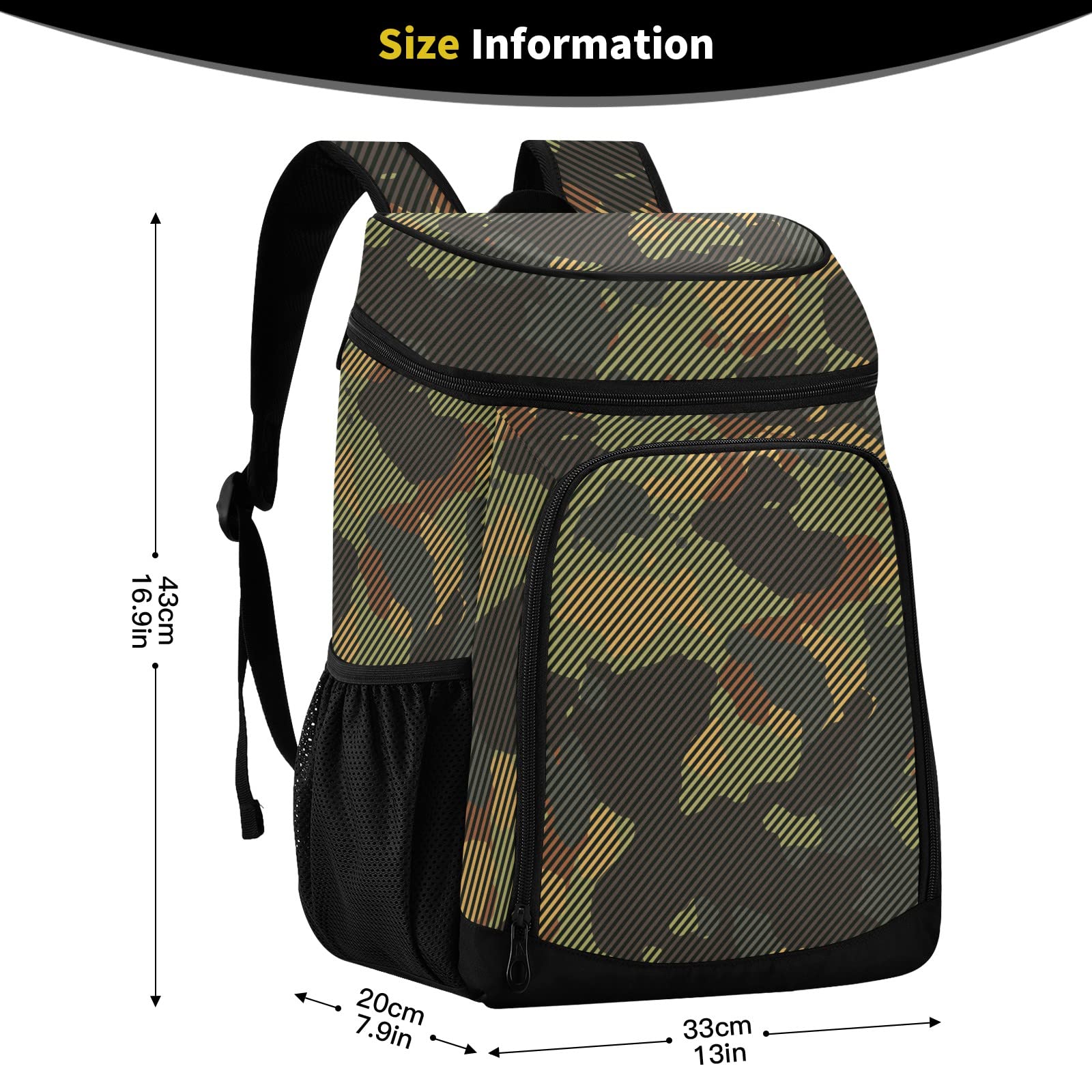 Waterproof Insulated Cooler Backpack - Green Brown Striped Camouflage Leak-Proof Soft Cooler Bag for Camping, Beach, Fishing & Work | Lunch Backpack for Men & Women