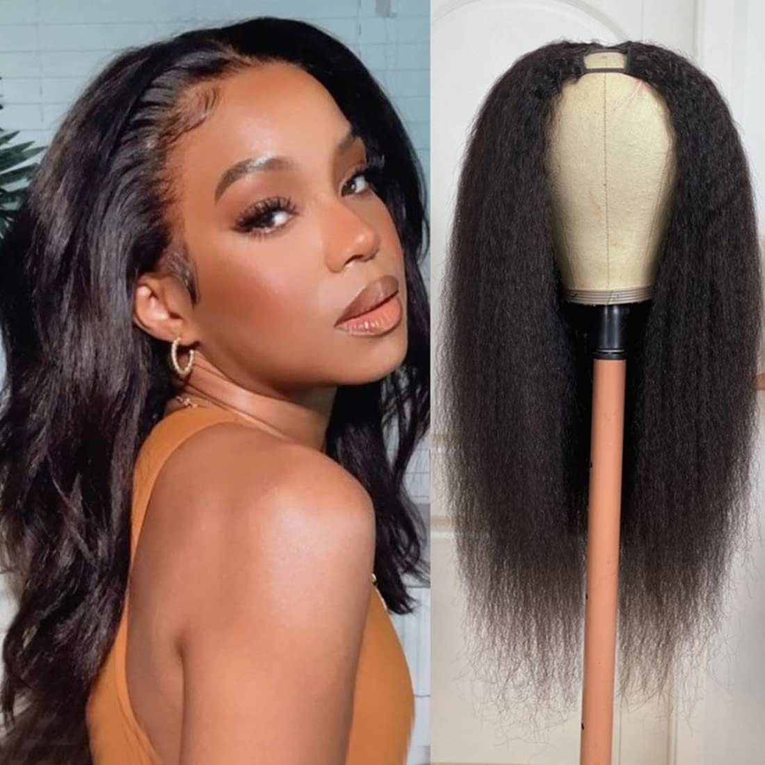 Beauty Forever 10A Grade Human Hair V Part Wig - Kinky Straight Glueless U Part Wigs for Women | 150% Density, No Leave Out, Beginner Friendly with Clips | Natural Color 18 Inch | Perfect for Daily Wear, Special Occasions & Protective Styling