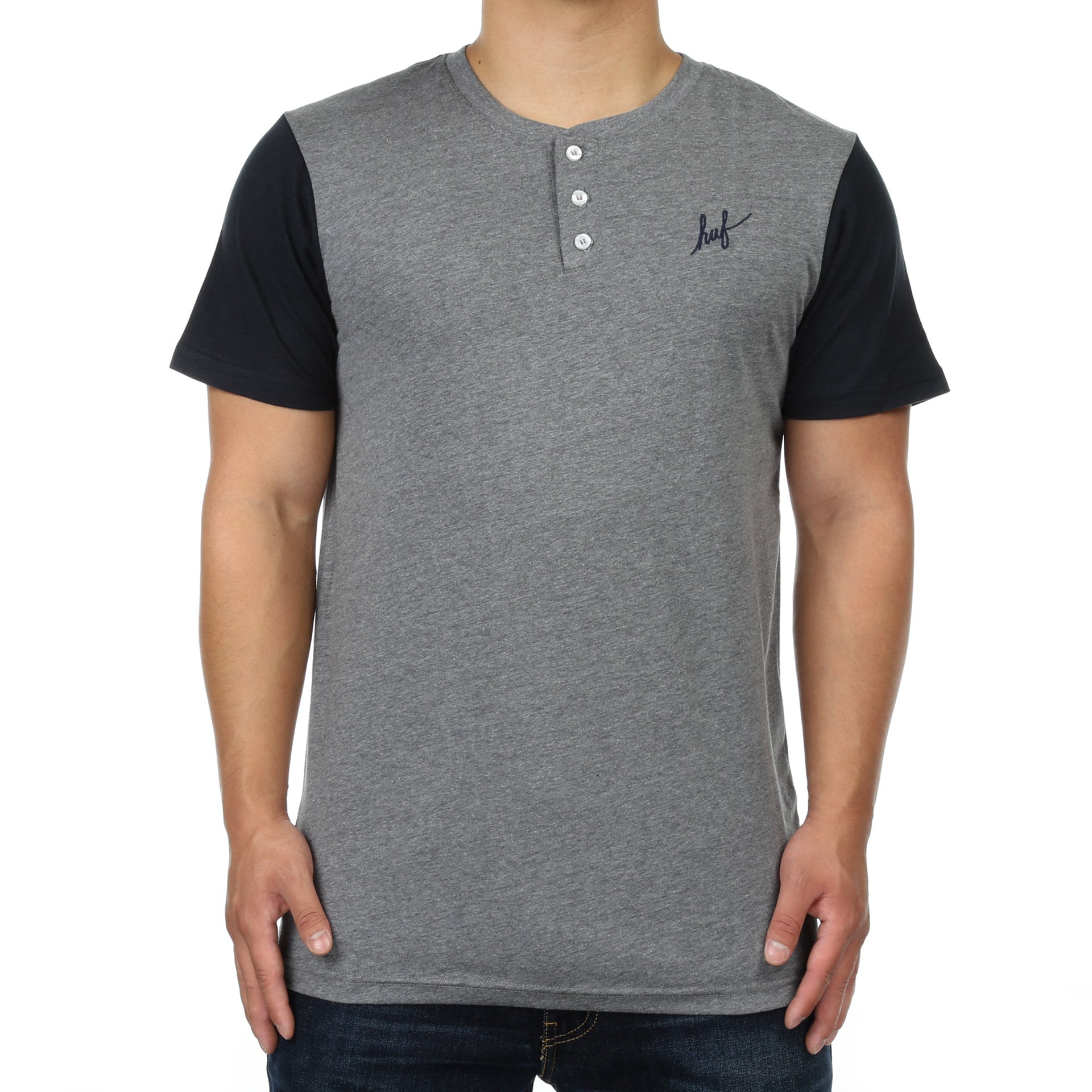Huf Script Henley T-Shirt for Men - Heather Gray & Navy Striped Casual Shirt - Perfect for Streetwear, Skateboarding, and Everyday Comfort