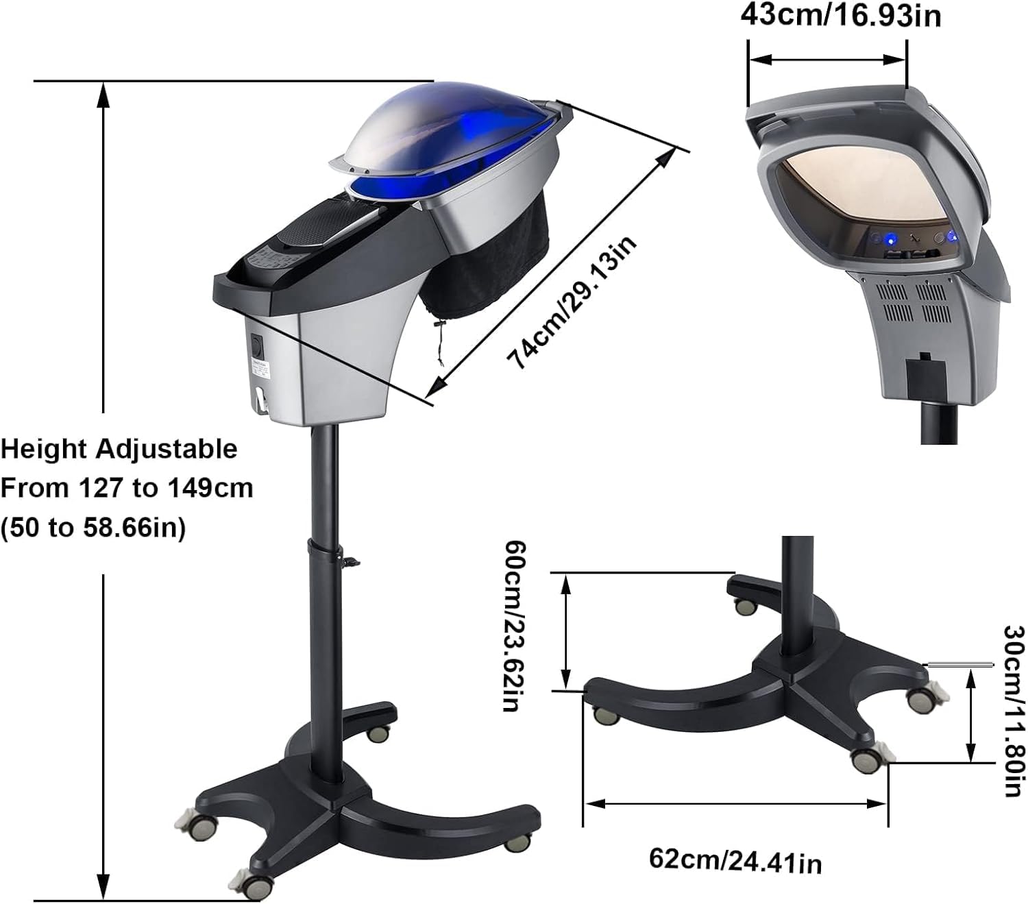 Elitzia Professional 7-Color Hair Steamer with Black Hood - Micro Mist Ozone Hair Treatment Machine for Natural Black Hair | Adjustable Height, Wheels, 3 Modes & 5-Level Time/Temperature Control | Perfect for Hair Dye, Perm & Deep Conditioning at Home or Salon (Model ET1408T)