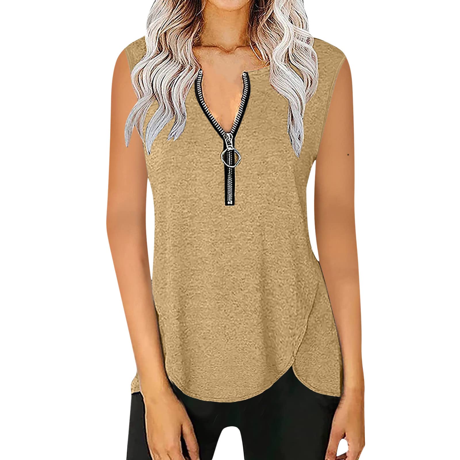 YfiDSJFGJ Women's Sleeveless Tank Tops - Scoop Neck Casual Flowy Summer Shirts with Zipper | Perfect for Beach, Gym & Everyday Wear
