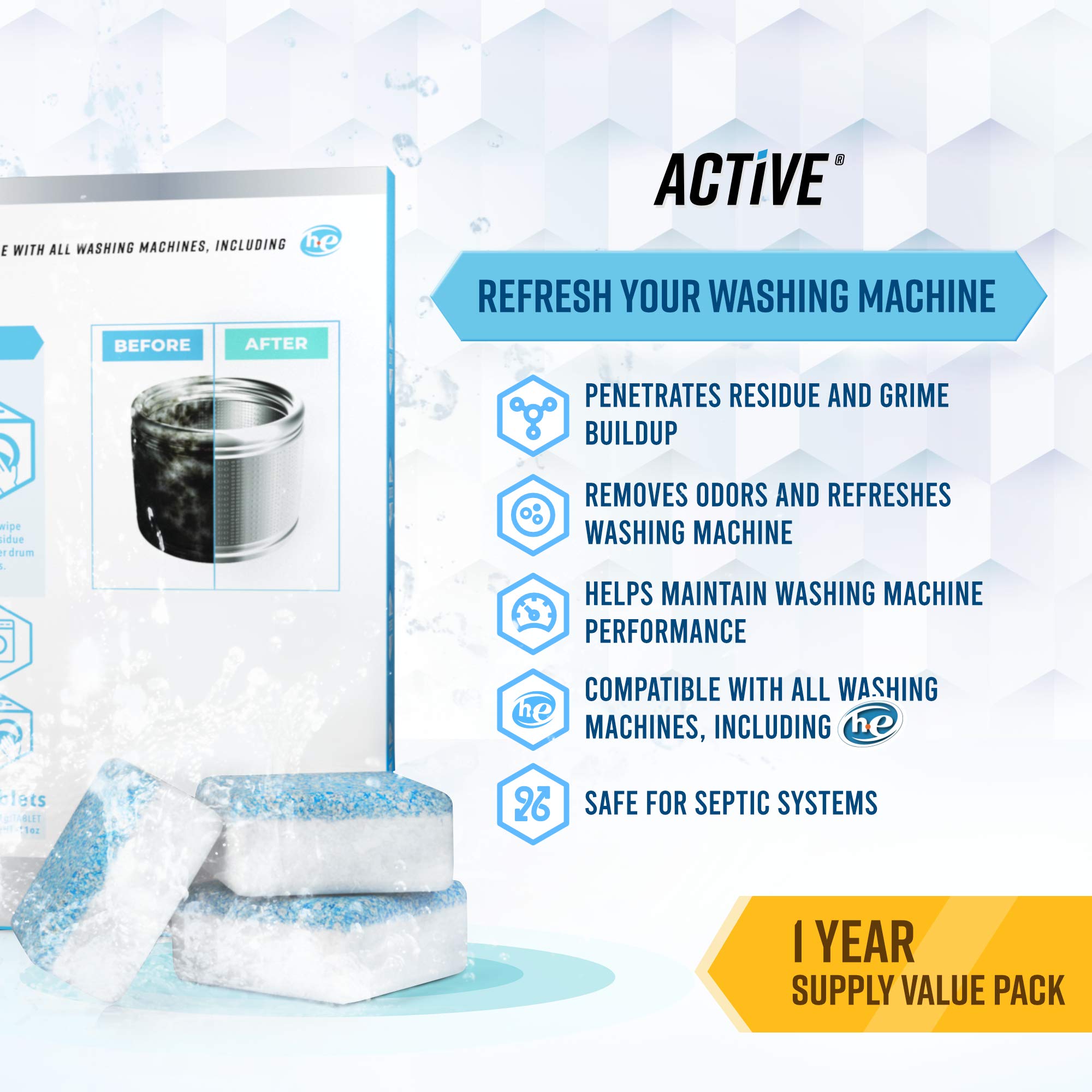 ACTIVE Washing Machine Cleaner Descaler Tablets - 24 Pack | Deep Cleaning for HE Front Load & Top Load Washers | Removes Odor, Mold & Residue | Safe for All Machines | Perfect for Monthly Maintenance & Laundry Refresh
