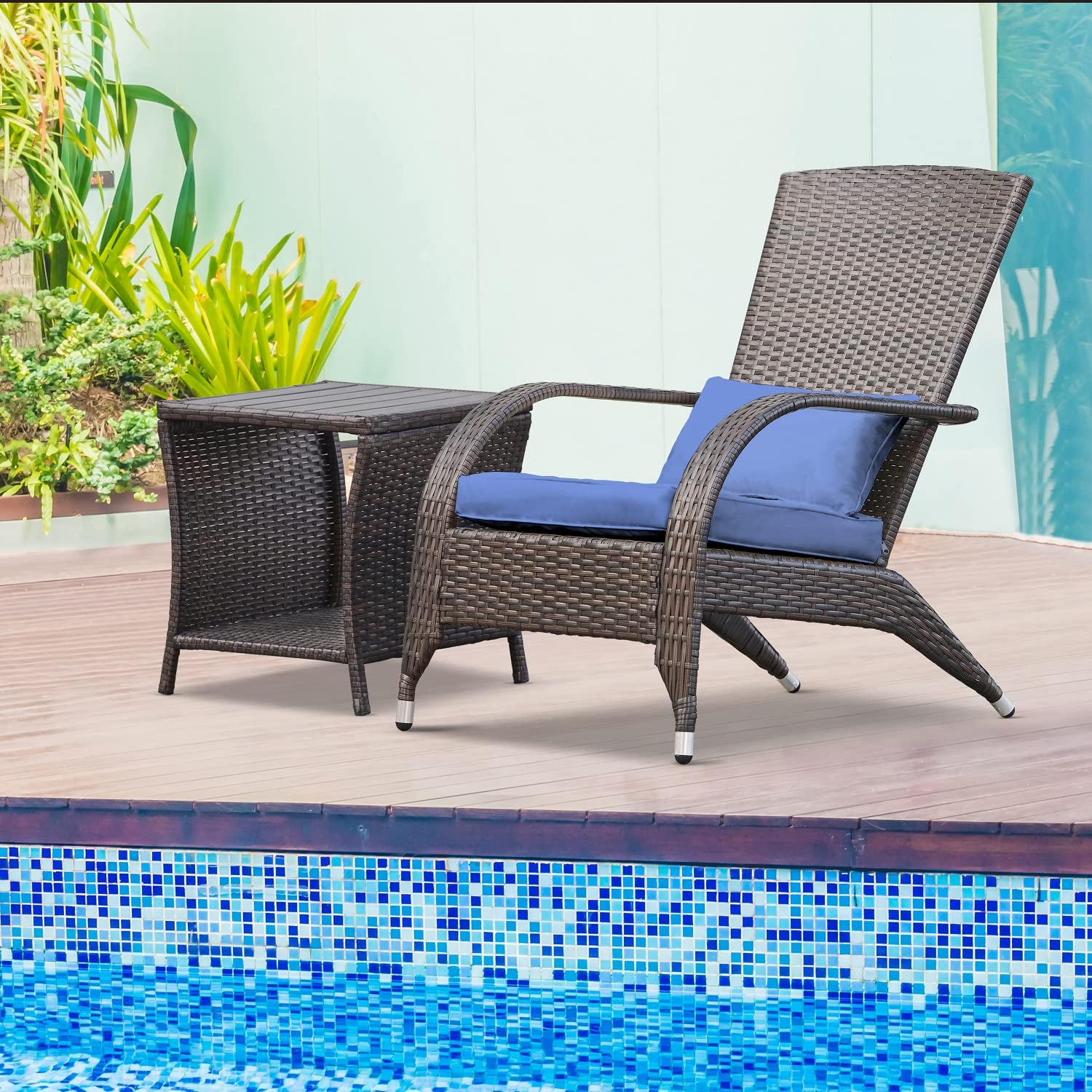 Premium Outdoor Wicker Adirondack Chair with Cushion - Oversized Comfortable Rattan Armchair for Patio, Garden, Deck, Porch & Backyard - Navy Blue Fire Pit Seating with Deep Seat & High Back Support