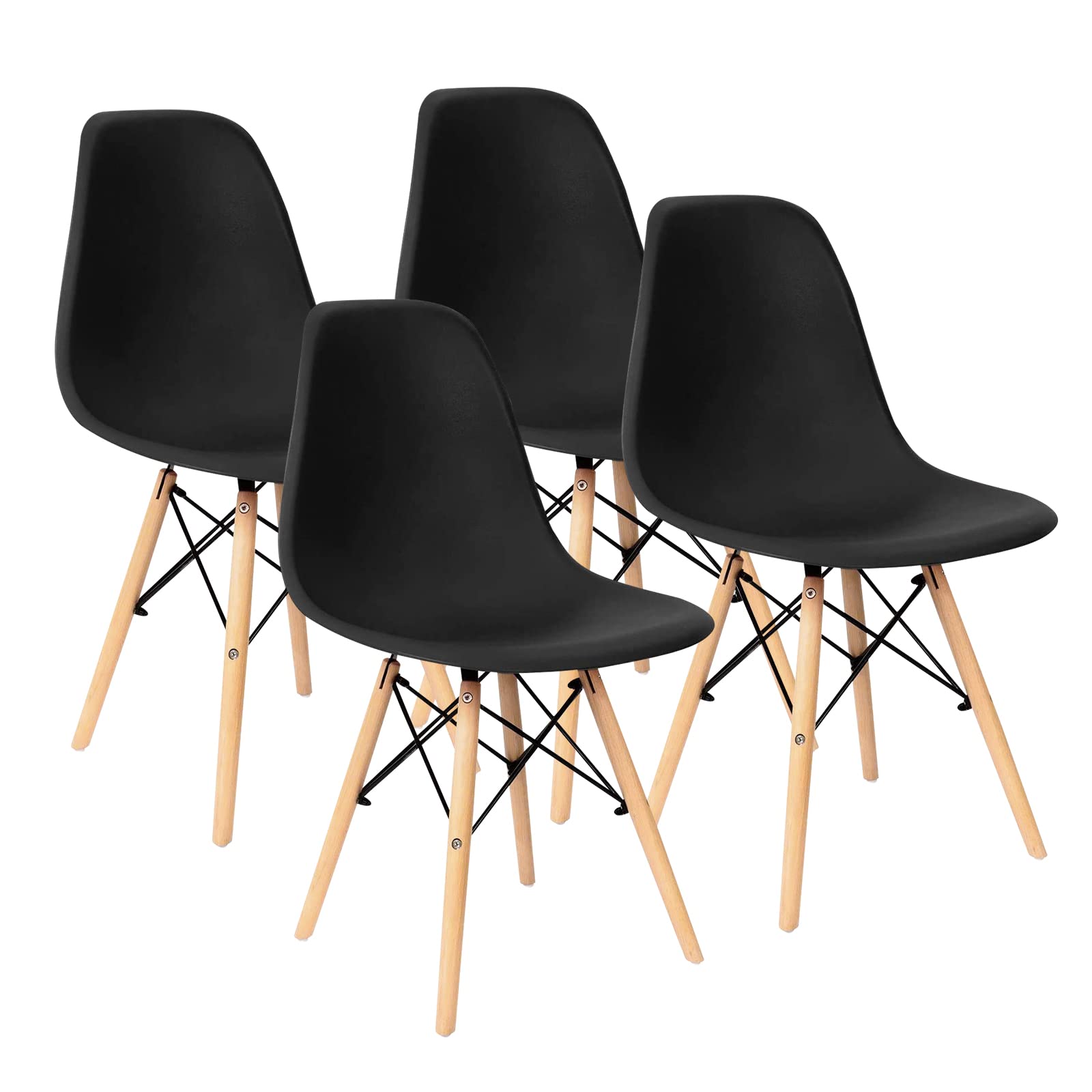 Furniwell Mid Century Modern Dining Chairs Set of 4 - Pre-Assembled Plastic Shell Lounge Side Chairs for Kitchen, Dining Room & Office (Black) - Comfortable Seating for Home & Commercial Use