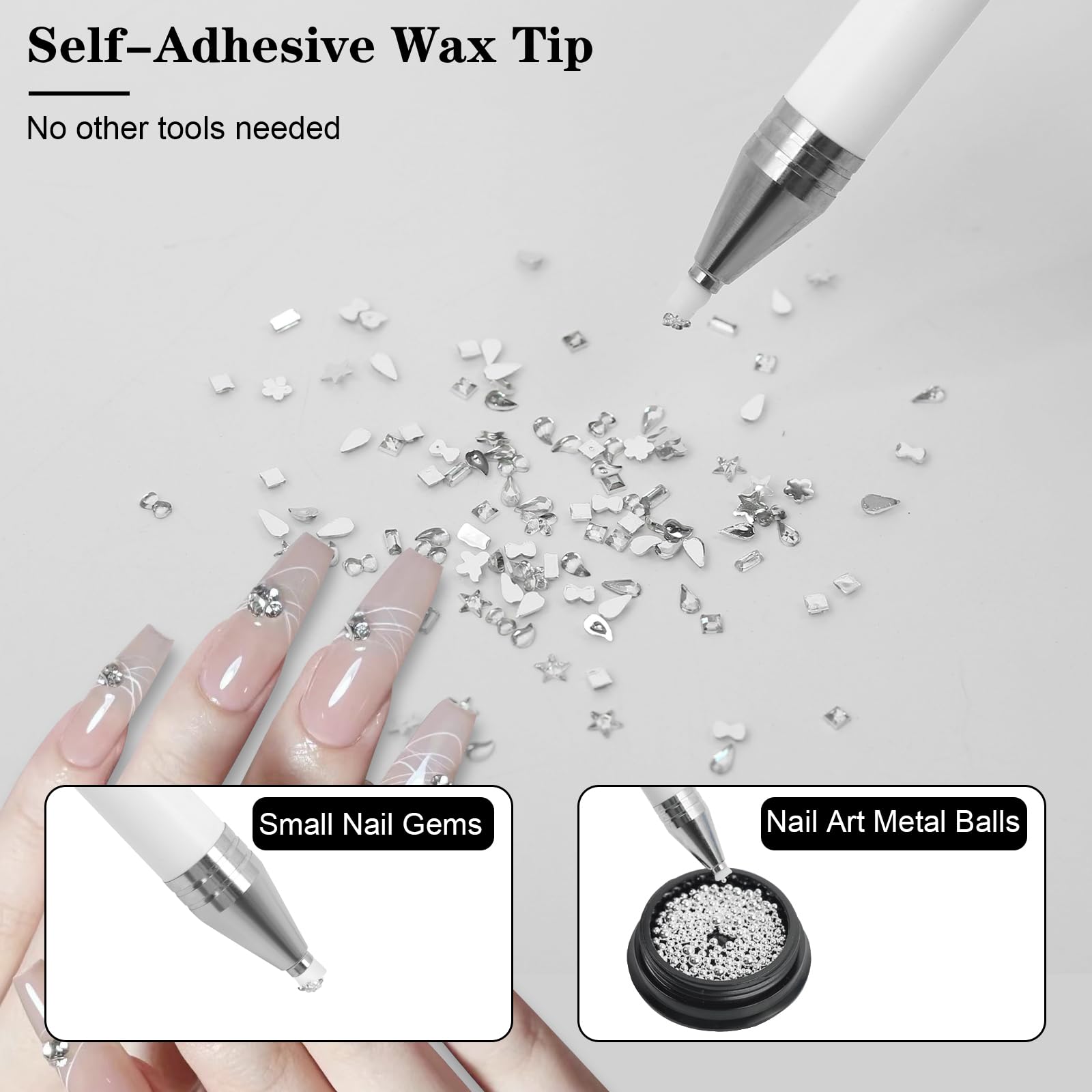 Diamond Art Pen & Rhinestones Applicator - 5Pcs Dual-Ended Wax Pencil for Crystal Beads, Gem Picker Tool with Nail Dotting Tools - Perfect for DIY Nail Art, Manicure & Craft Decoration (White)