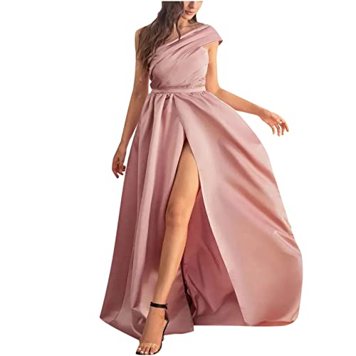 Sexy One Shoulder High Slit Pleated Long Sleeve Maxi Dress for Women - Elegant Cocktail Party & Wedding Guest Dress for Evening Events, Prom, Gala & Special Occasions