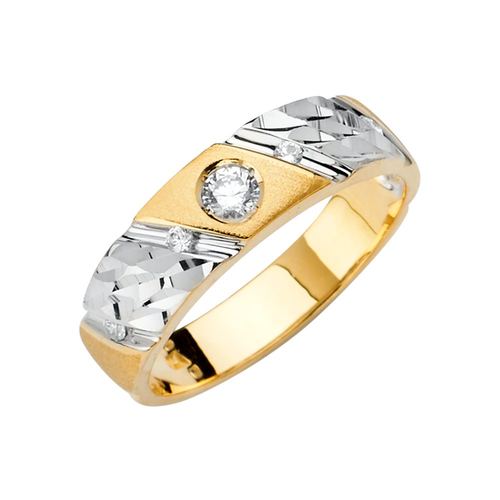14K White & Yellow Gold Two-Tone Men's Cubic Zirconia Wedding Band Ring - Anniversary Gift for Him, Engagements & Special Occasions