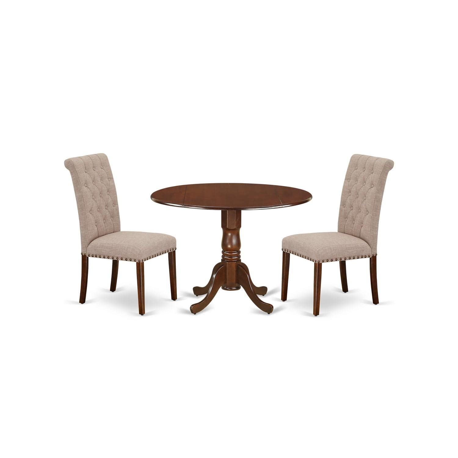 East West Furniture DLBR3-MAH-04 3-Piece Round Dining Table Set with Drop Leaf & 2 Linen Parsons Chairs, 42x42 Inch, Mahogany - Perfect for Small Spaces, Breakfast Nooks & Cozy Apartments