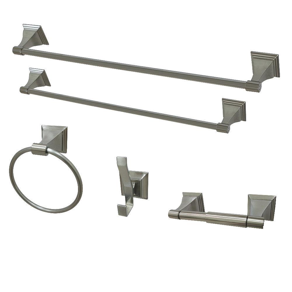 Kingston Brass Monarch 5-Piece Bathroom Accessory Set - Brushed Nickel Finish - Towel Bar, Towel Ring, Robe Hook, Toilet Paper Holder & Tissue Cover - Modern Bathroom Decor for Home & Hotel Use