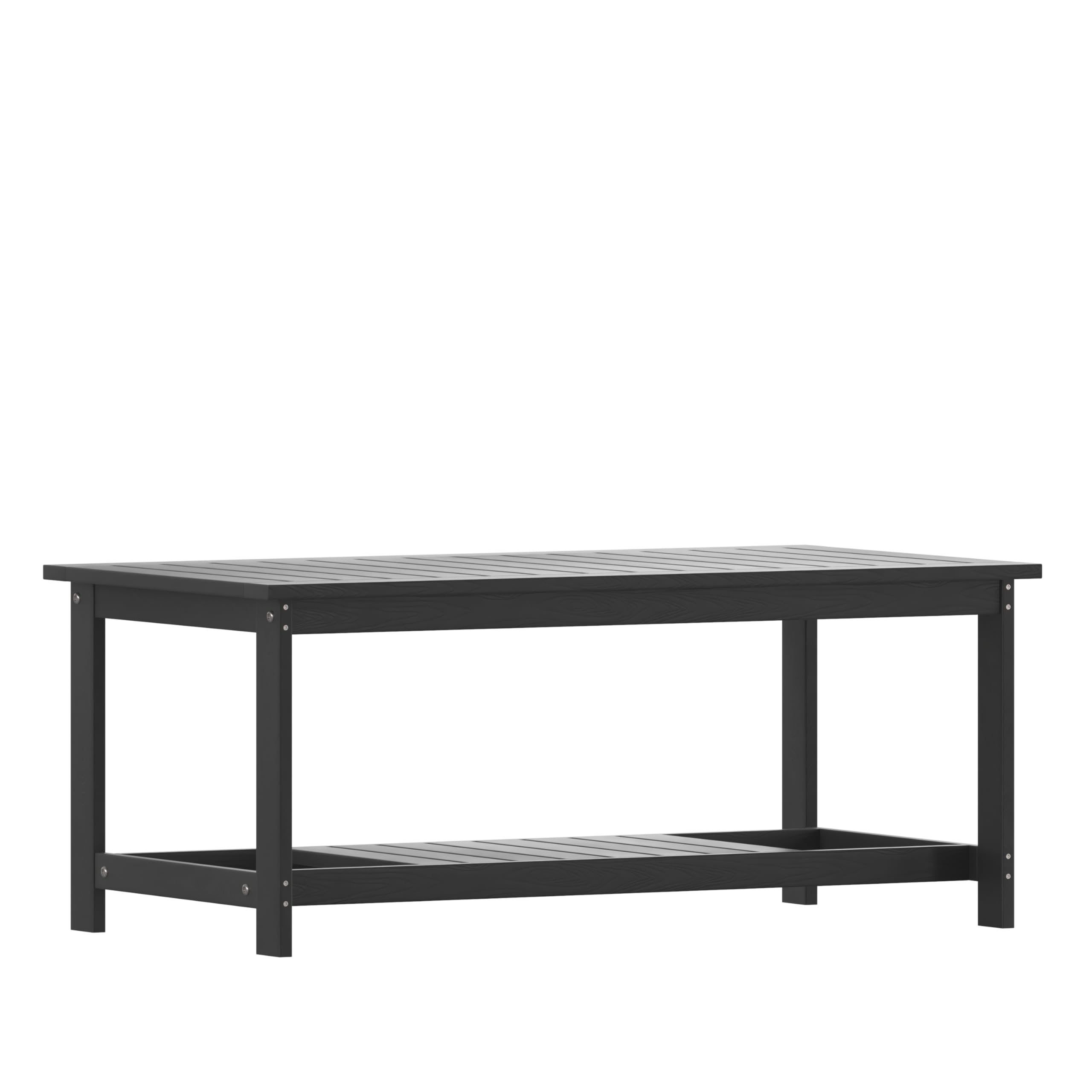 Two-Tiered Commercial Grade Adirondack Coffee Table - Durable Black Poly Resin Wood - All-Weather Outdoor Furniture - Slatted Shelf Design - Perfect for Patio, Deck, Garden, and Poolside Relaxation