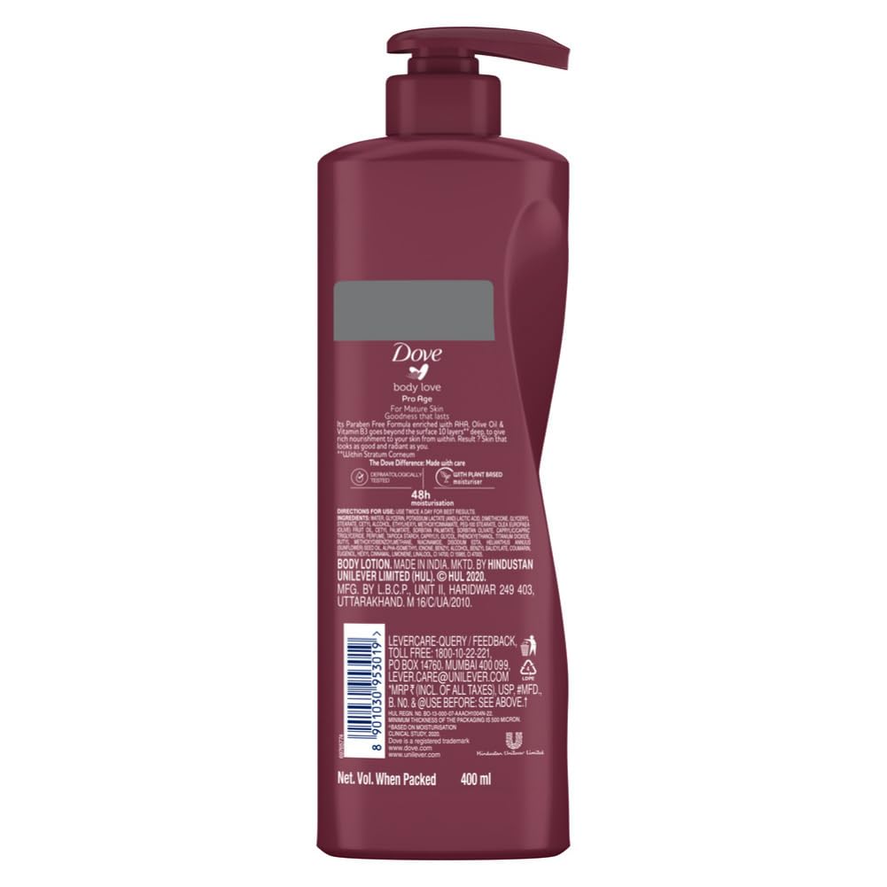 Dove Pro Age Body Lotion for Mature Skin - 48 Hour Moisturizing with Vitamin B3 & Olive Oil | Paraben Free | Nourishes & Brightens Skin | 13.5 fl oz (400ml) | Perfect for Dry, Aging Skin Care Routine & Daily Hydration