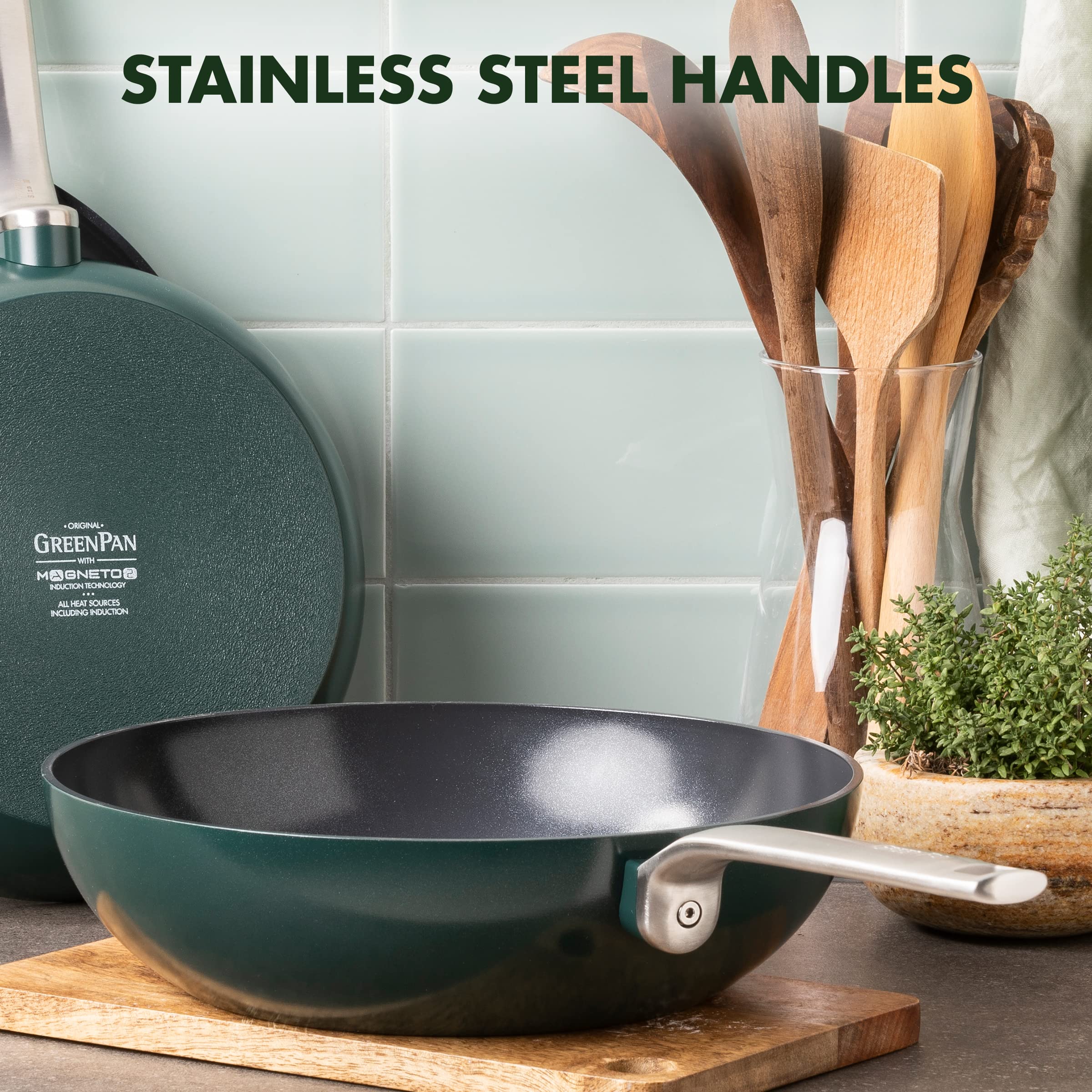 **GreenPan Evolution 3-Piece Nonstick Ceramic Cookware Set - Hard Anodized, PFAS-Free, Induction Compatible, Dishwasher & Oven Safe, Pine Green - Perfect for Frying, Sautéing & Stir-Frying**