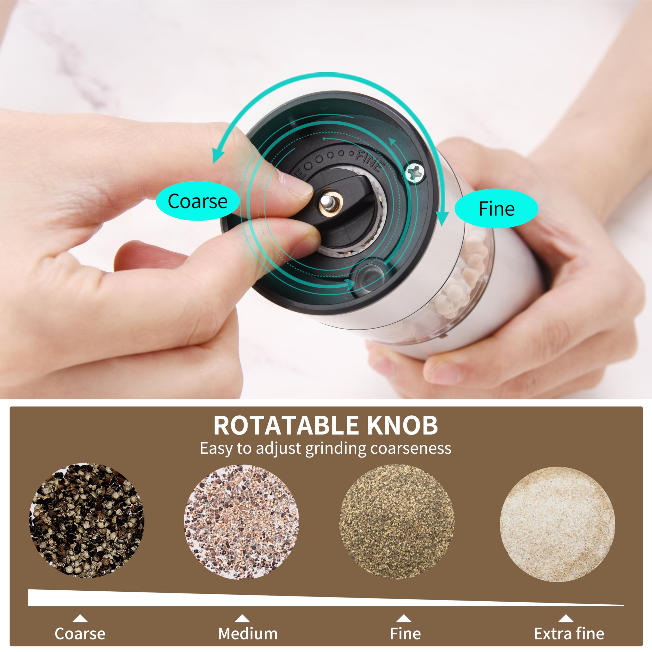 Rechargeable Electric Pepper Grinder & Salt Mill - LED Stainless Steel One-Hand Automatic Operation, Adjustable Coarseness, Refillable - Perfect for Kitchen, Dining Table & Camping Use