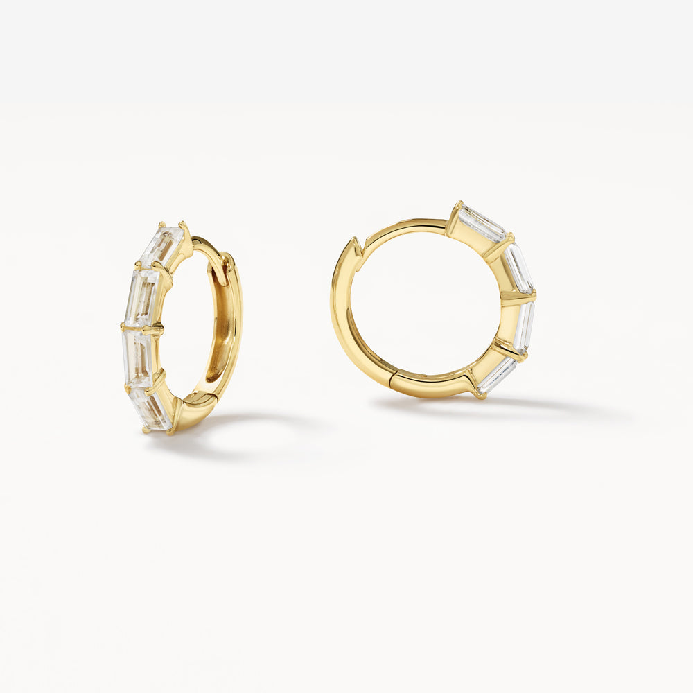White Topaz Baguette Huggie Earrings in 14K Gold - Elegant Everyday Hoop Earrings for Women, Perfect for Work, Date Night & Special Occasions