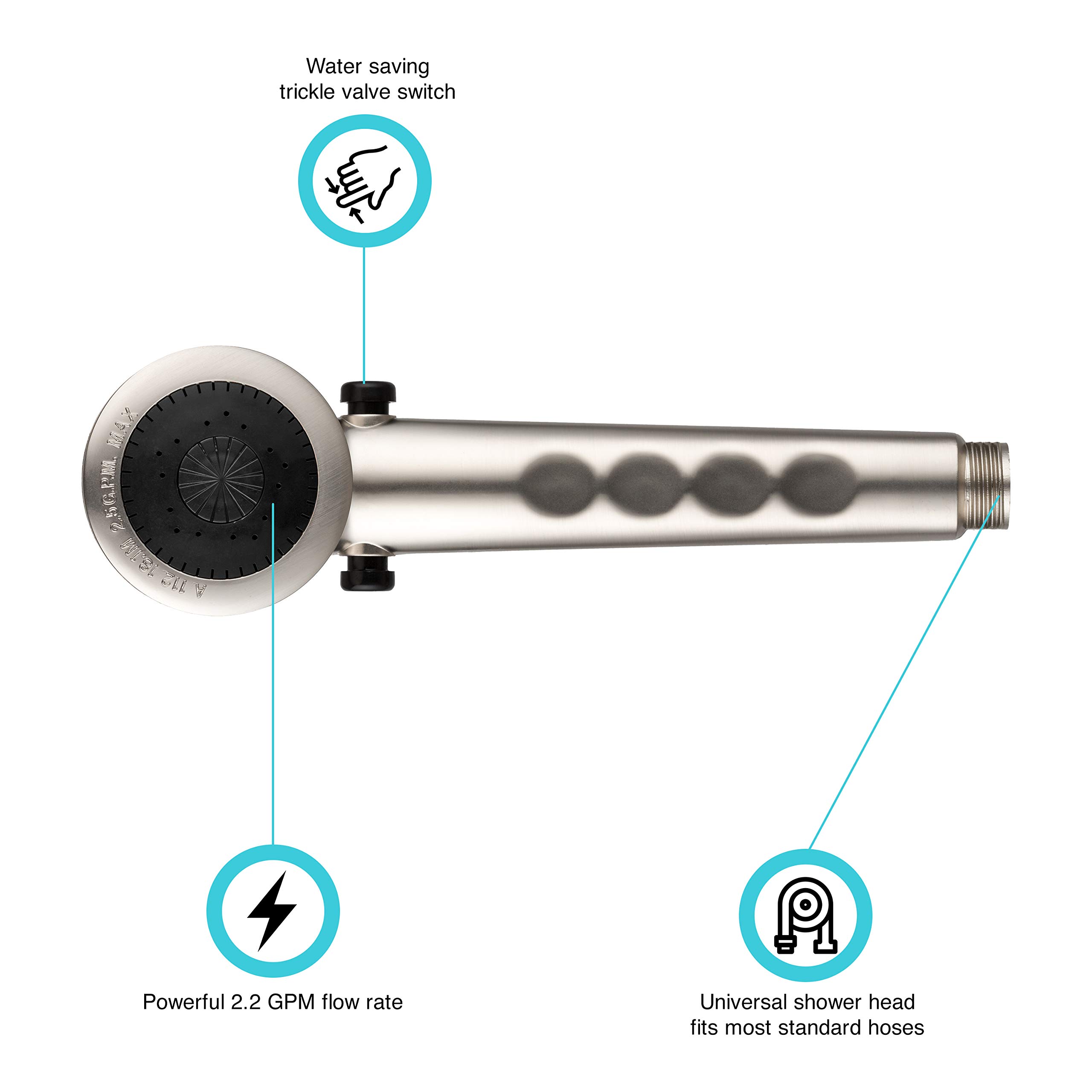 Dura Faucet DF-SA135-SN Water Saving Handheld Shower Head - Brushed Nickel RV Shower Wand with Flow Control & Trickle Switch | Universal Replacement for Home, RV & Camping Use