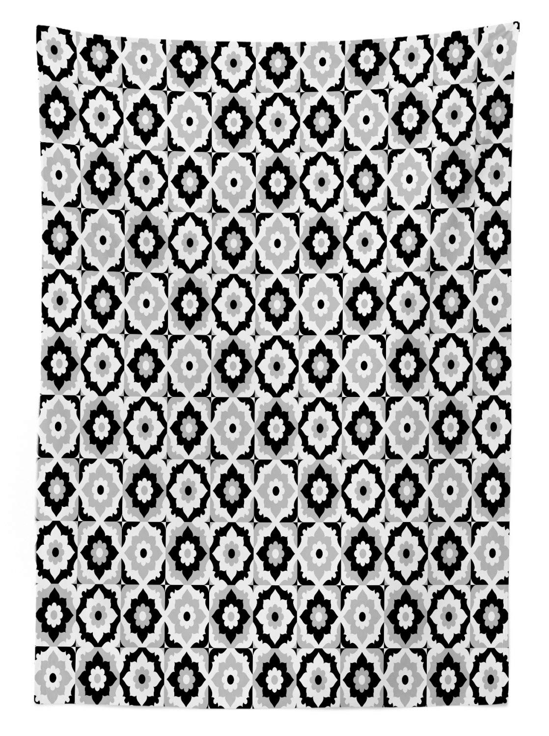 Ambesonne Quatrefoil Outdoor Tablecloth - Black and White Ceramic Tile Design with Retro Floral Daisies - Washable Picnic Table Cover 58x104 Inches - Perfect for Garden Parties, BBQ, and Outdoor Dining (Black Grey White)
