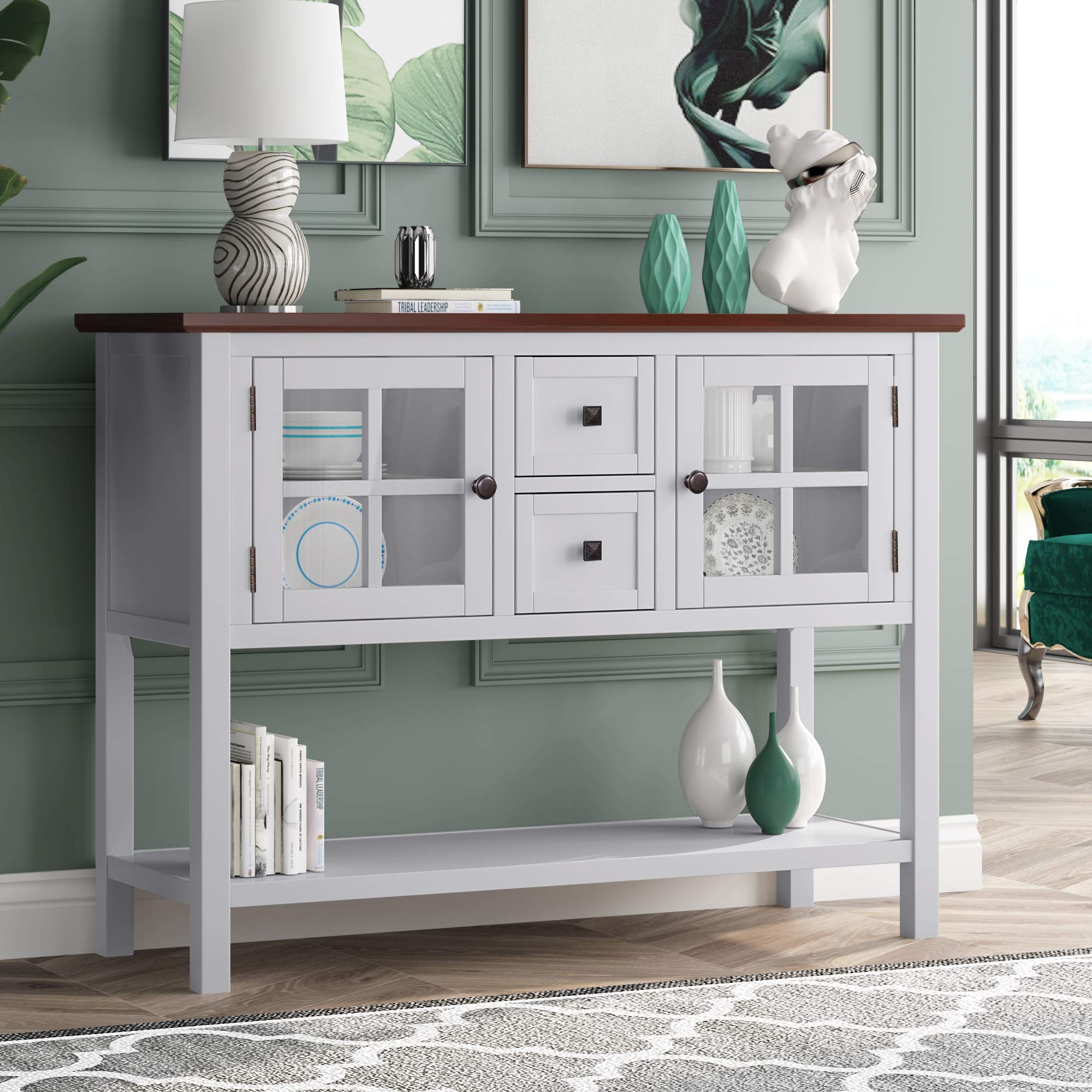Gelsey Console Table with Storage - Sofa Table, Buffet Sideboard Cabinet with Doors, Drawers & Shelves for Living Room, Kitchen, Dining Room & Entryway (White & Brown) | Perfect for Small Space Organization & Home Decor