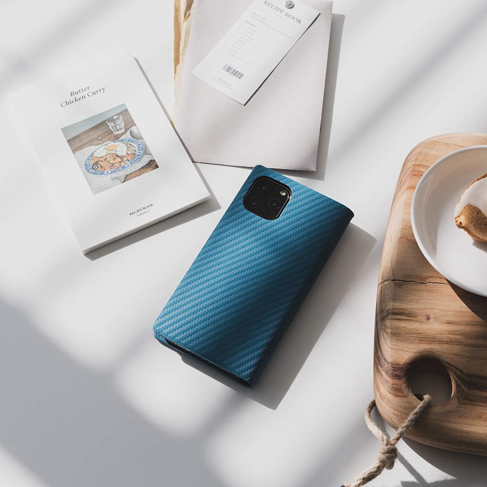 Premium Italian Carbon Leather Wallet Case for iPhone 11 Pro - Handmade Diary Style with Multiple Card Slots & Side Cash Pocket | Luxury Protective Phone Cover | Perfect for Business, Travel & Everyday Use (Blue, Gift Box Included)